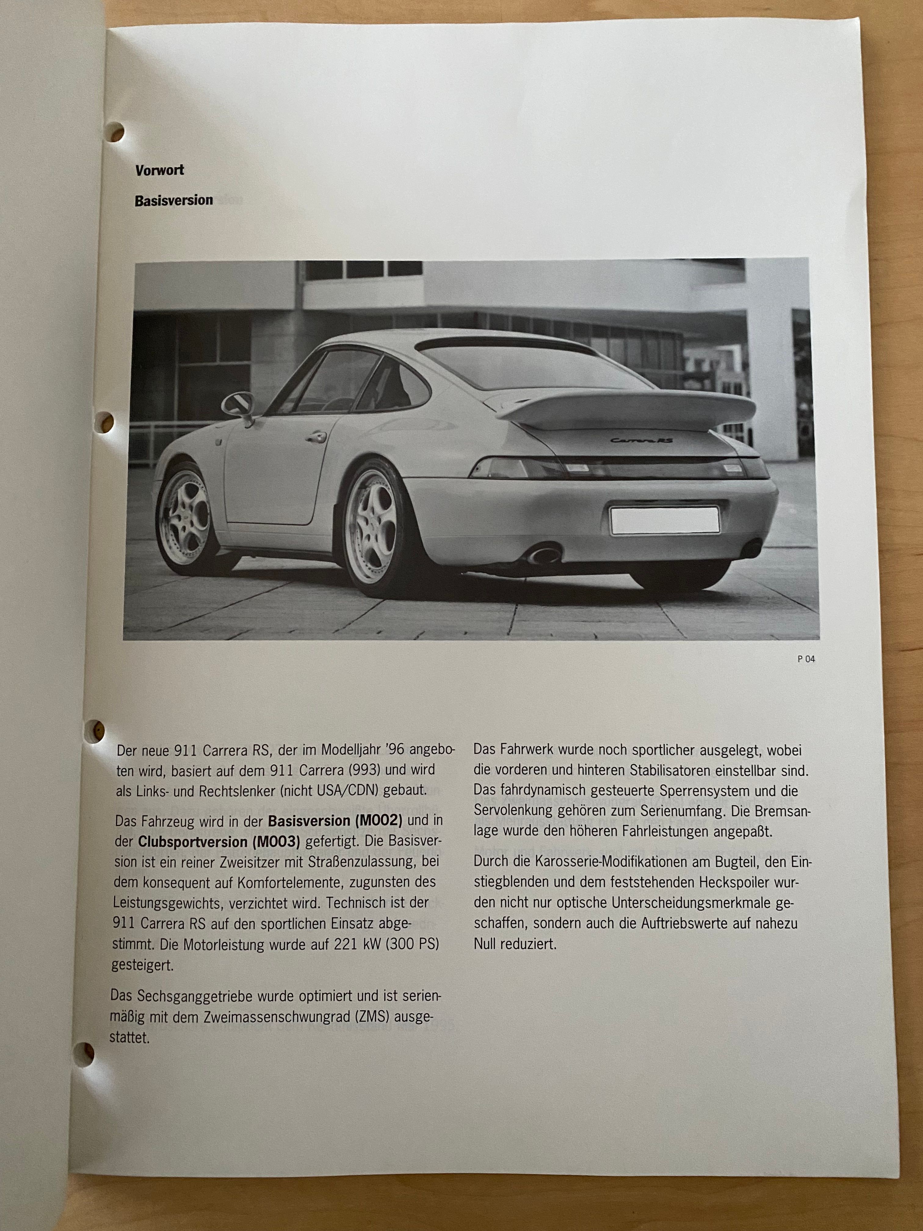 Complete Original Porsche 993 Carrera RS Owners Manual & Press