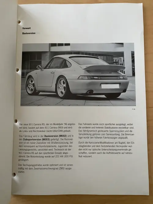 Complete Original Porsche 993 Carrera RS Owners Manual & Press