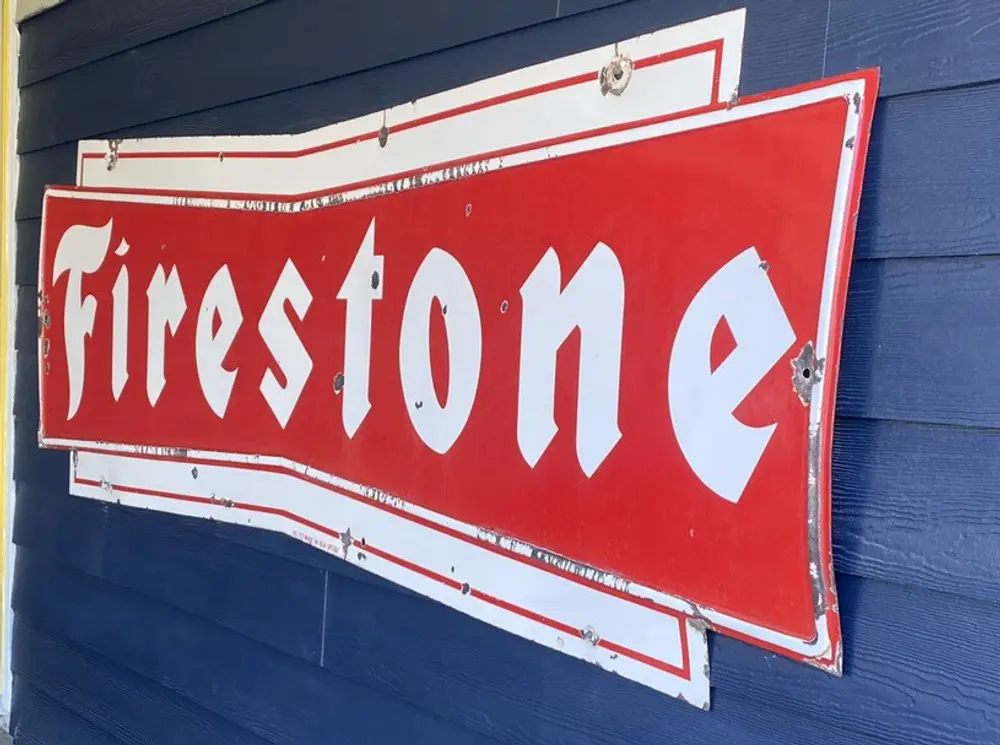 Vintage 1960 Firestone Bowtie Painted Porcelain Sign — Auction Ended