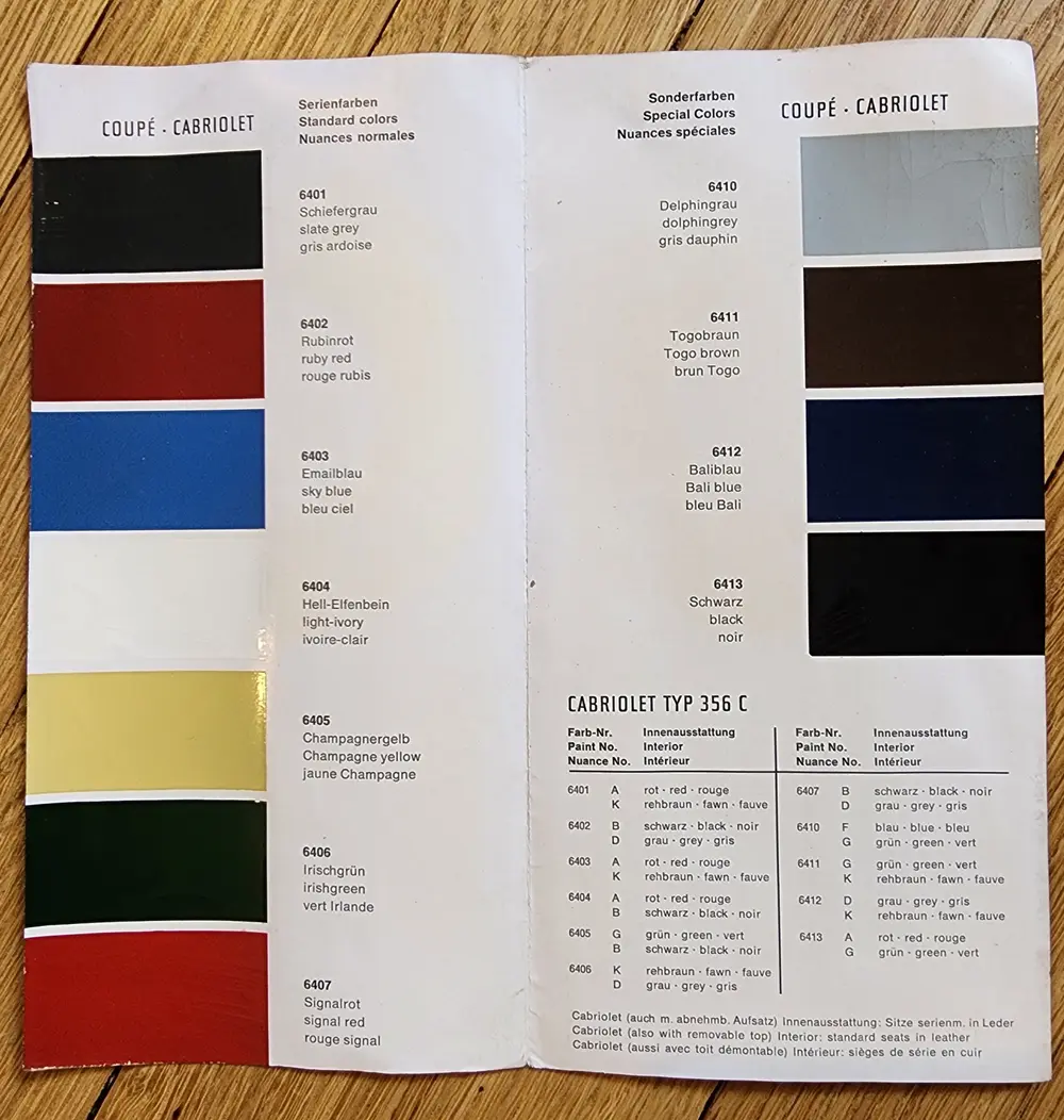 Porsche 356 C D's Manual 1964年取扱説明書 Original Porsche 356 C Driver's Manual and Interior Color Chart