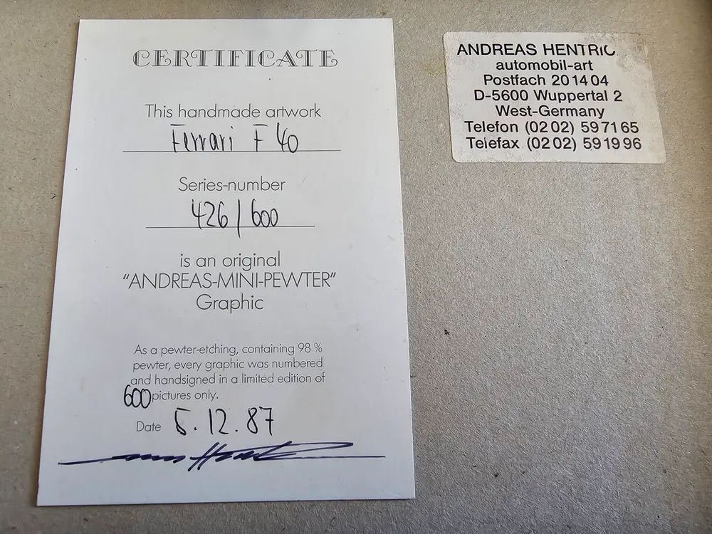 No Reserve Ferrari F40 Art by Andreas Hentrich 426/600 — Sold