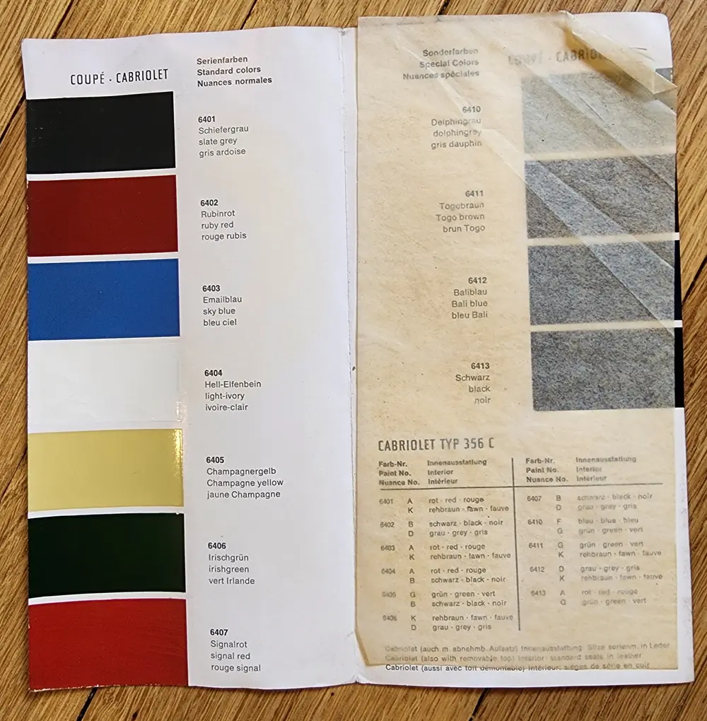 Original Porsche 356 C Driver's Manual and Interior Color Chart