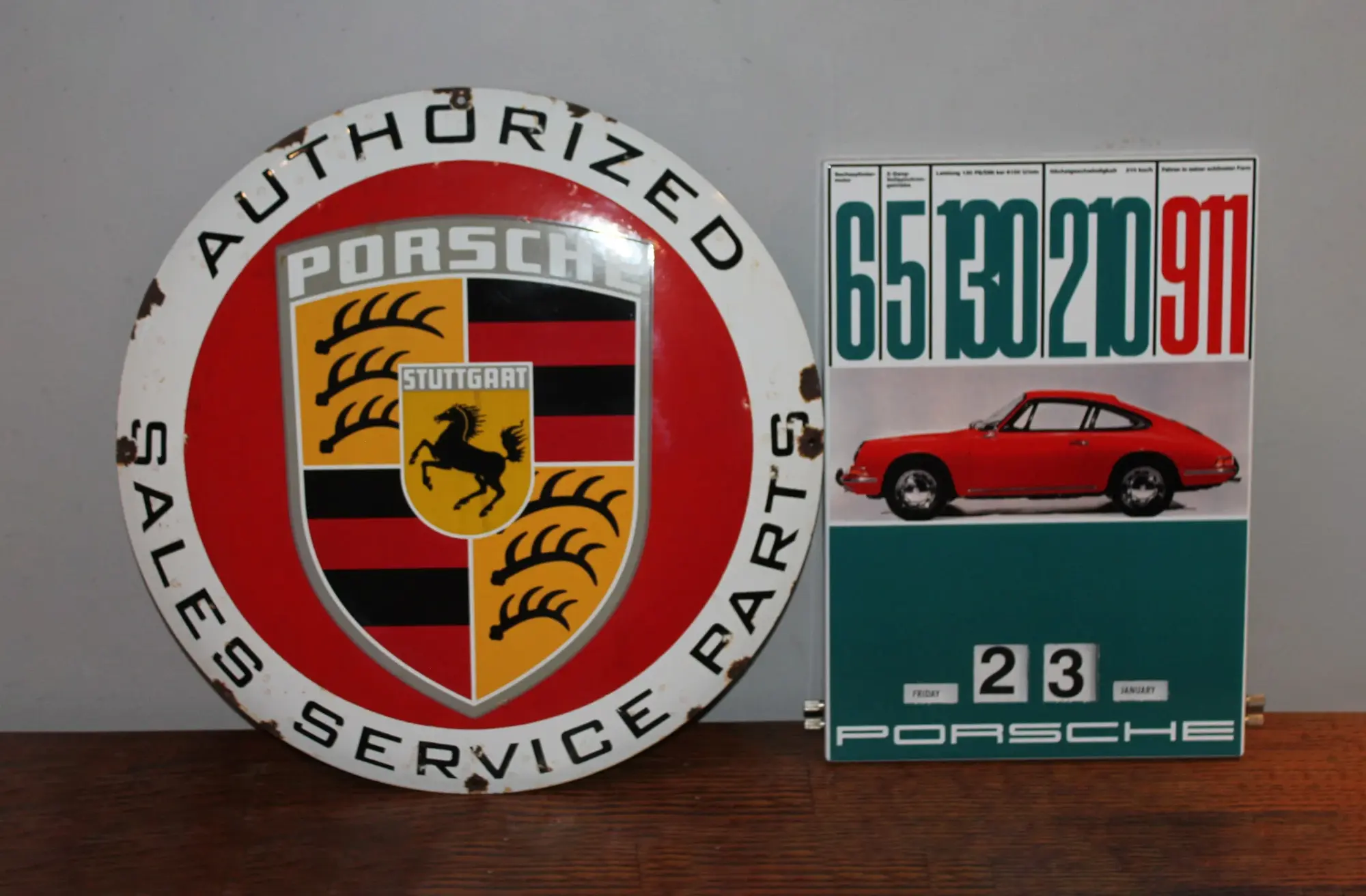 No Reserve Porsche 911 Perpetual Calendar & Porsche Enamel Sign — Sold