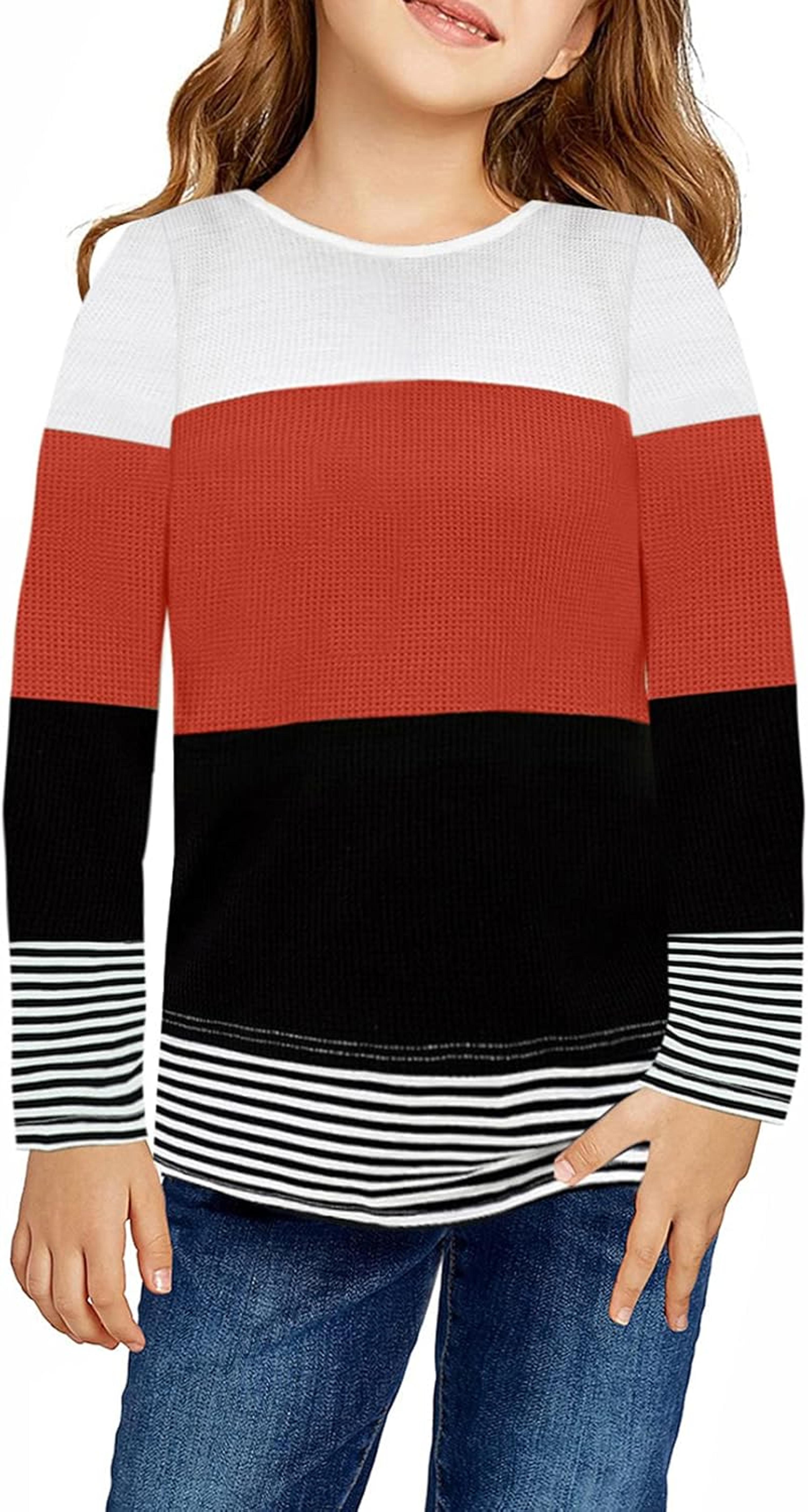 sale-(50) Dokotoo Girls Fashion Crewneck Long Sleeve Sweatshirts Fall Color Block Pullover Sweatshirt Casual Loose Shirts Tops Orange Size 10-11