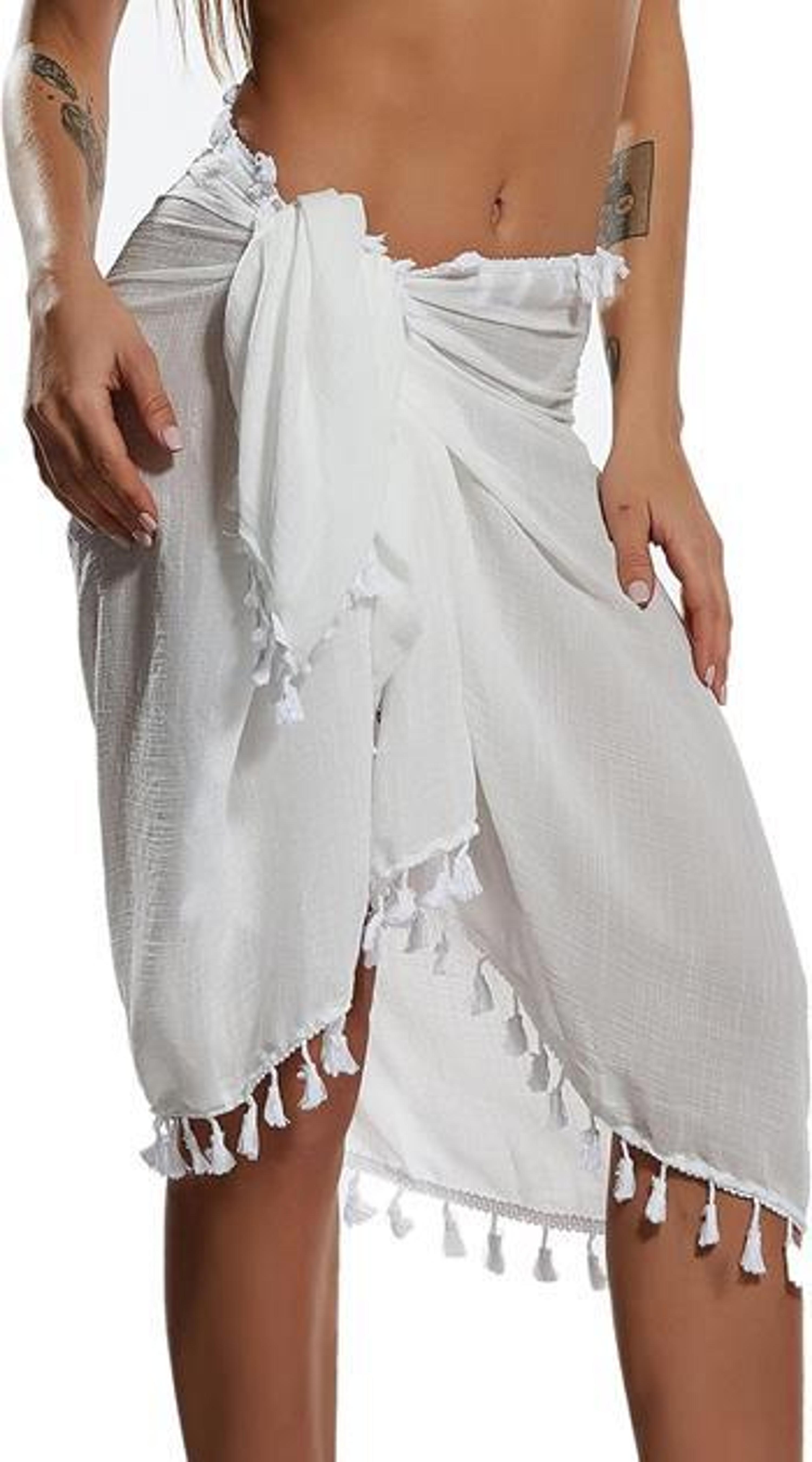sale-(54) Eicolorte Beach Sarong Pareo Womens Semi-Sheer Swimwear Cover Ups Short Skirt with Tassels