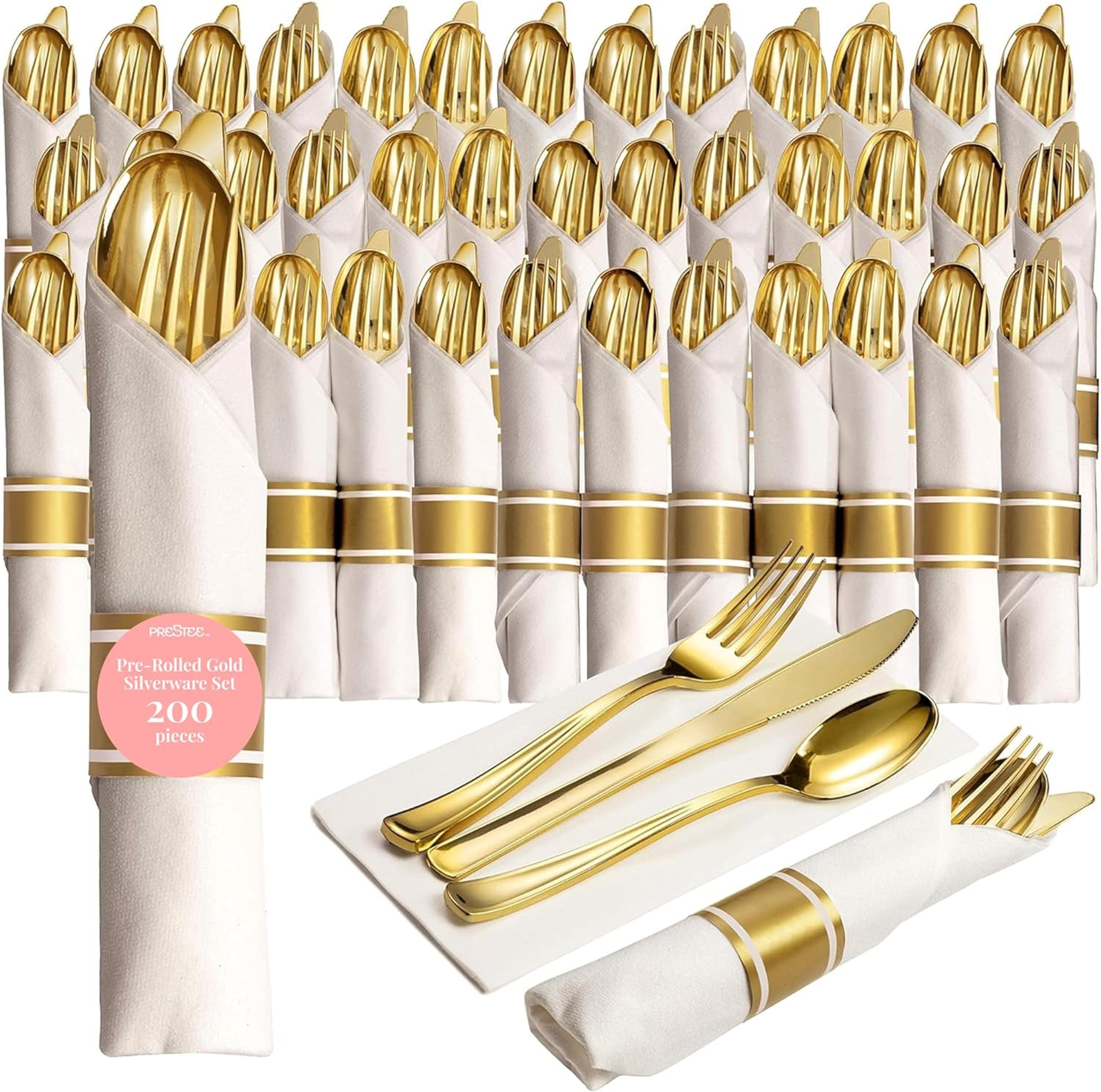 sale-(45) Prestee 200 Pieces Pre Rolled Gold Plastic Silverware Set for 50 Guests - Premium Disposable Silverware Set with Napkins - Wrapped Utensils with Forks, Knives, Spoons, Napkins for Weddings and Events