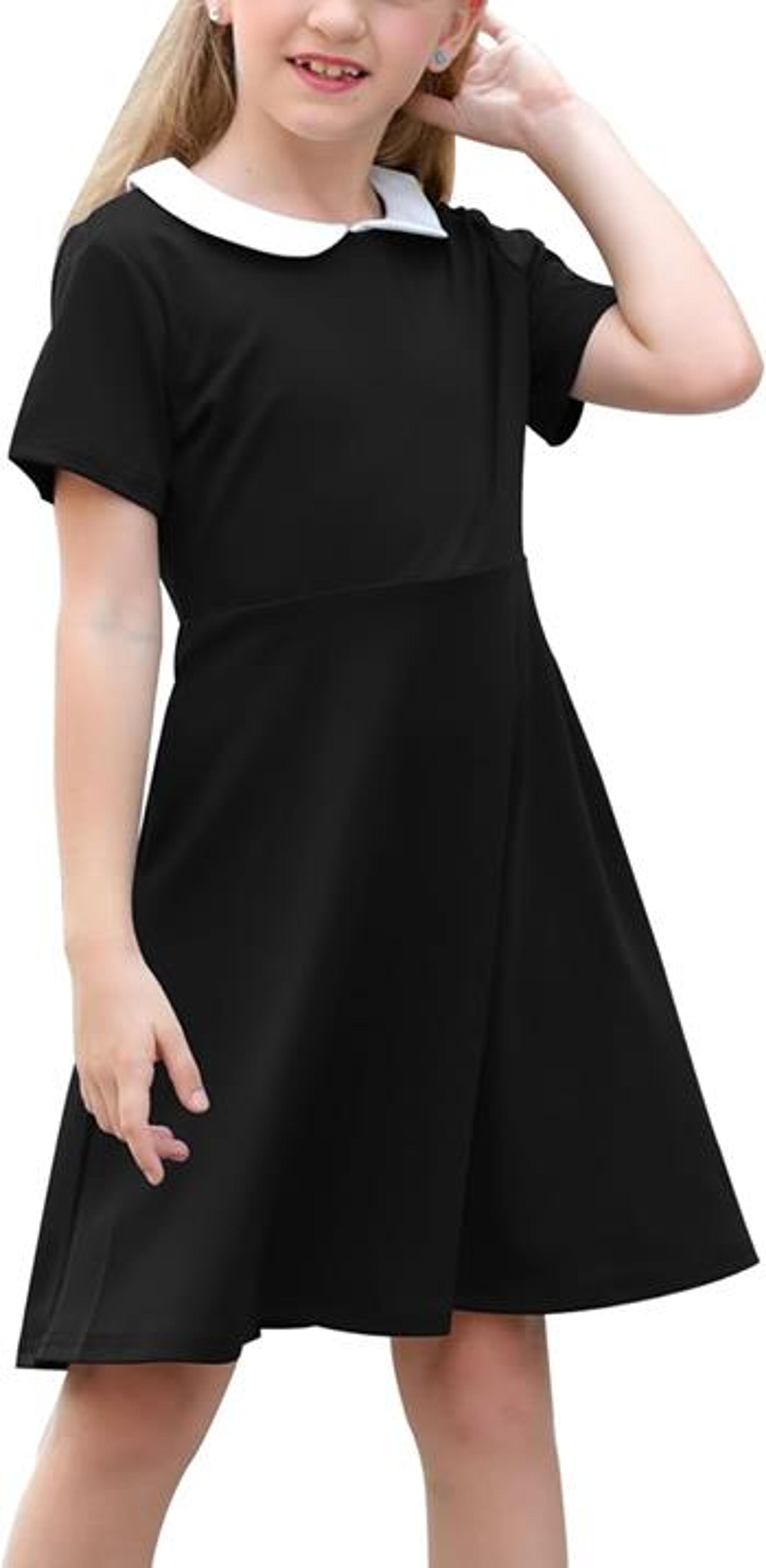 sale-(51)GORLYA Girl's Short Sleeve Casual Vintage Peter Pan Collar Fit and Flare Skater Party Dress with Pockets 4-5