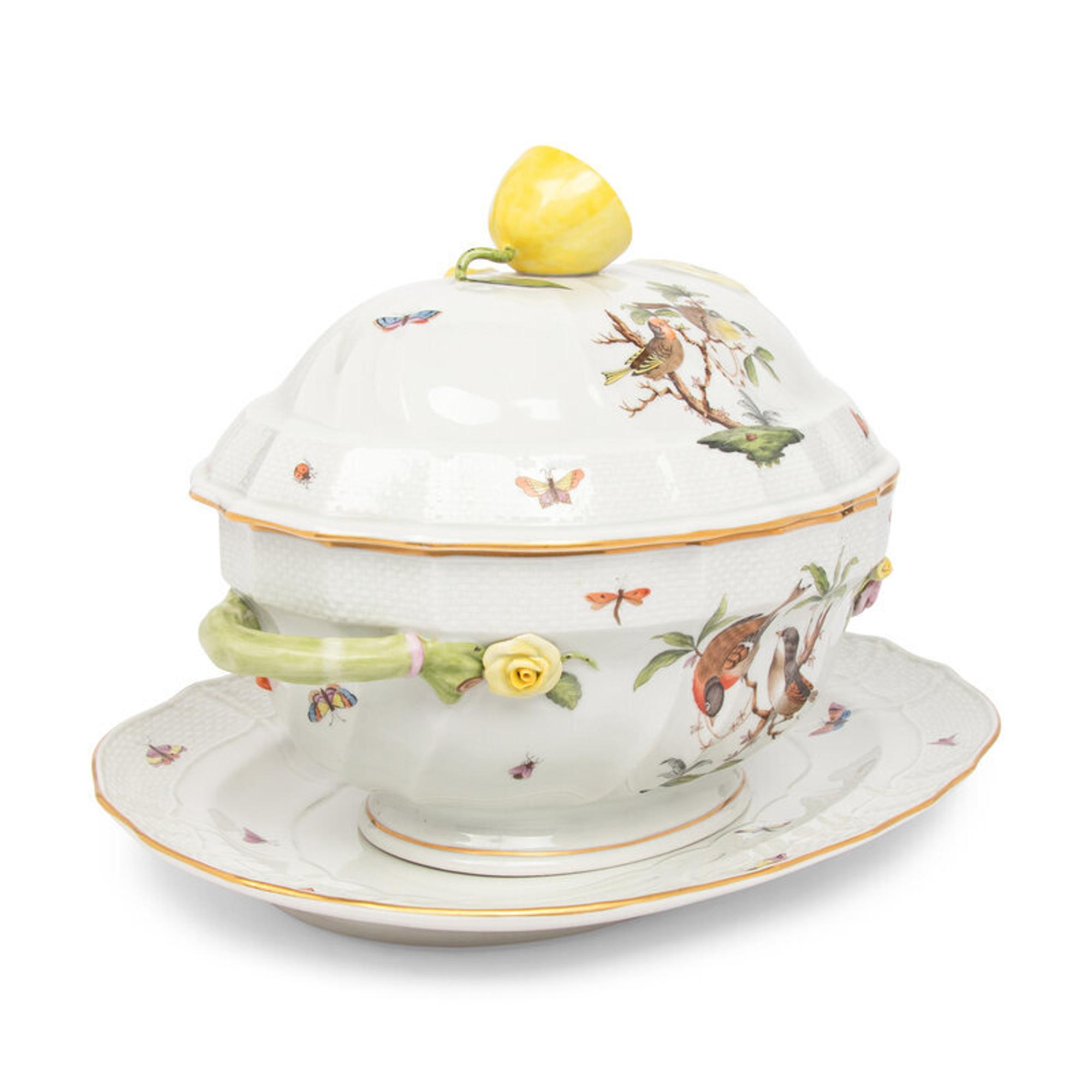 A Herend Rothschild Bird Porcelain Tureen and Underplate
