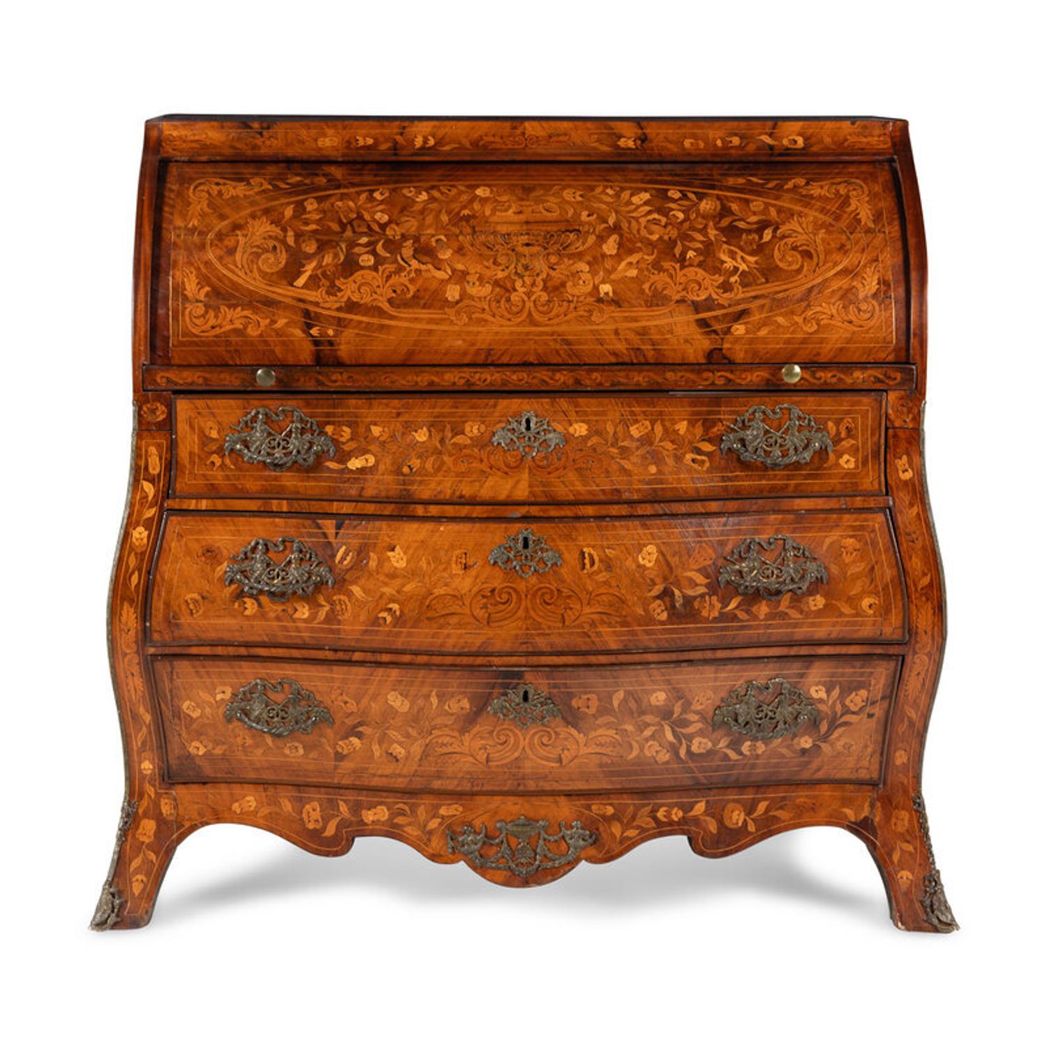 A Dutch Walnut and Marquetry Cylinder Bureau