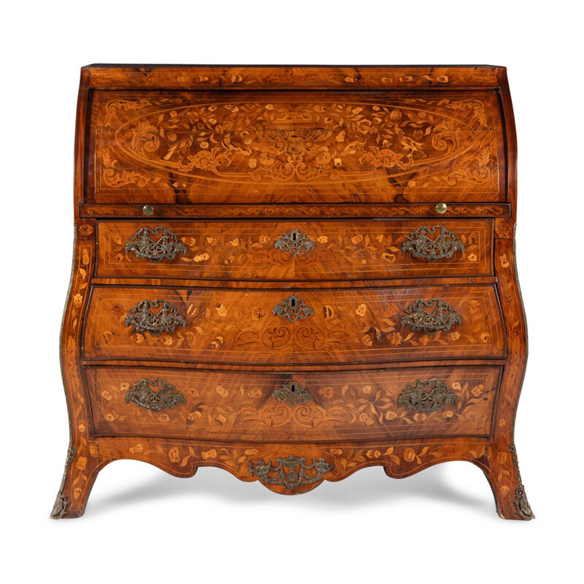 A Dutch Walnut and Marquetry Cylinder Bureau