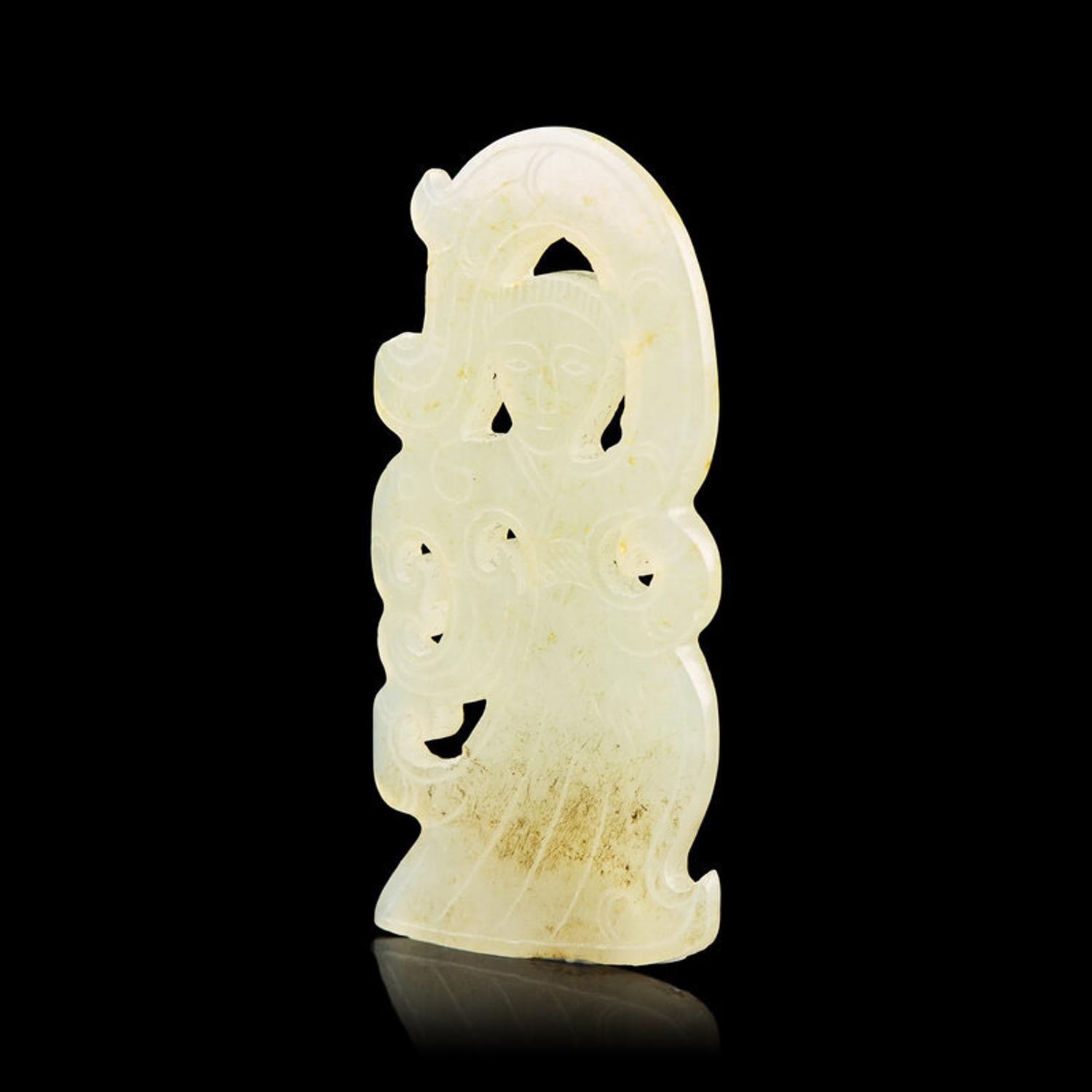 A Rare Chinese White Jade Dancing Figural Pendant, Western Han Dynasty 西漢 雙面白玉舞人珮