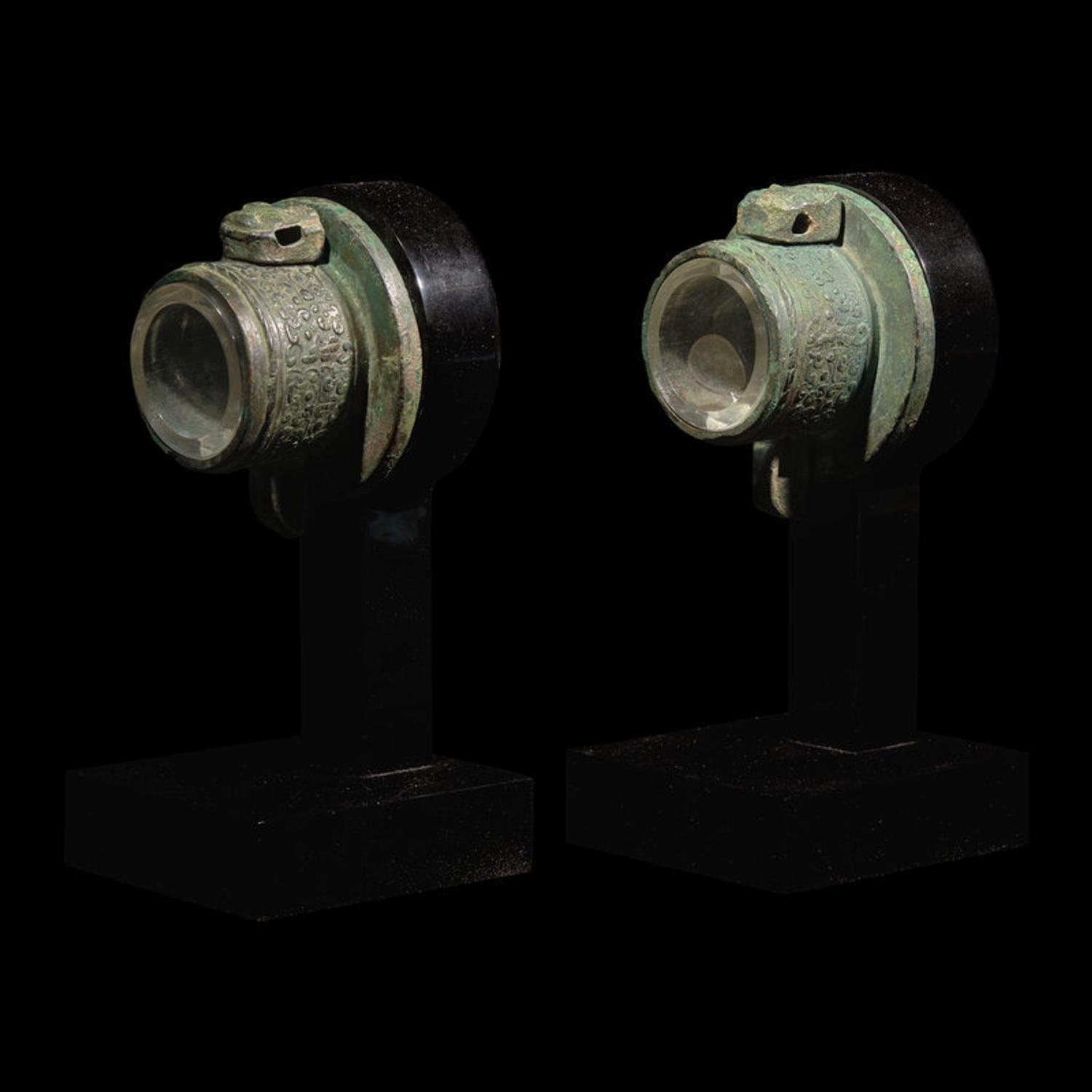 A Pair of Chinese Bronze Chariot Fittings 青銅獸面紋車軎