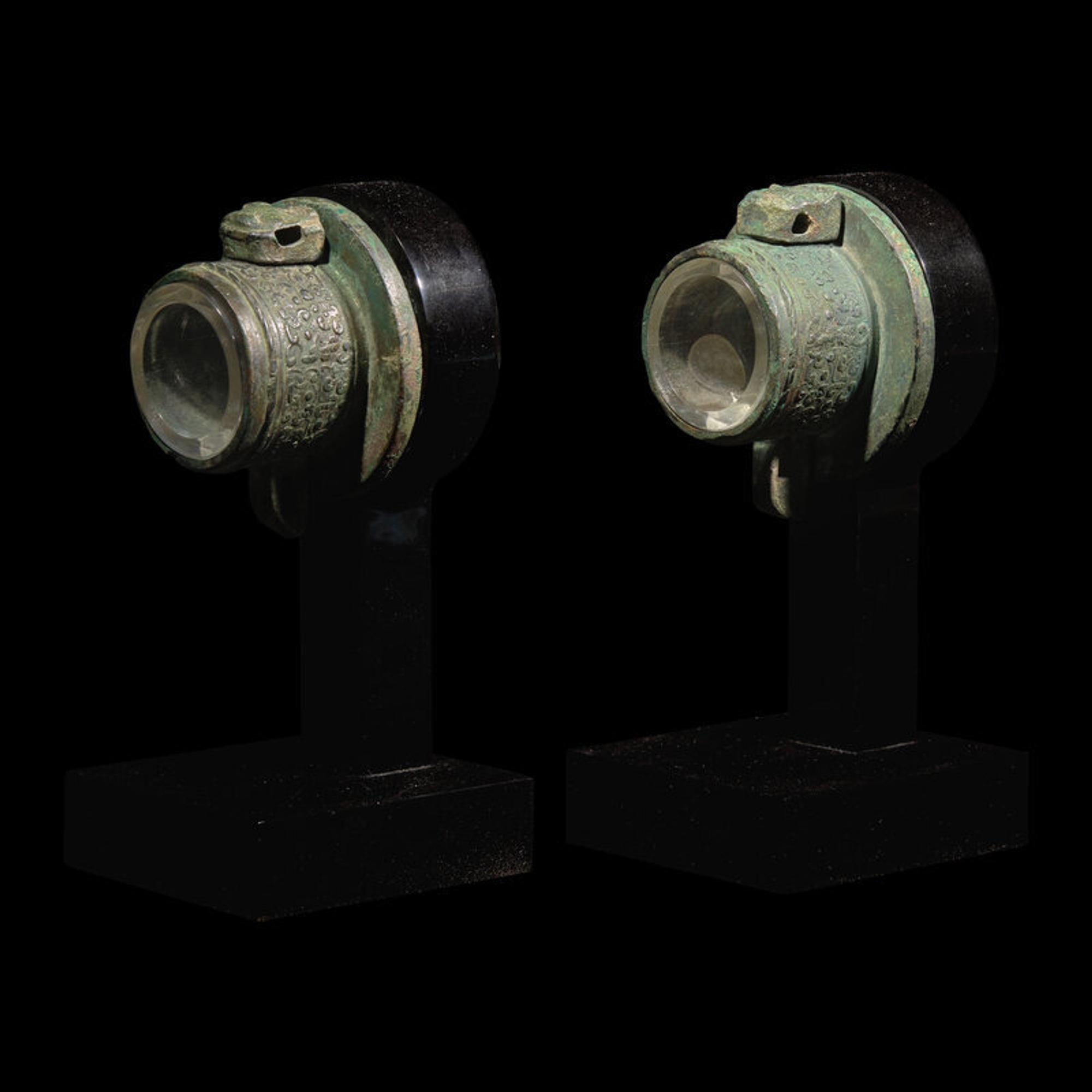 A Pair of Chinese Bronze Chariot Fittings 青銅獸面紋車軎