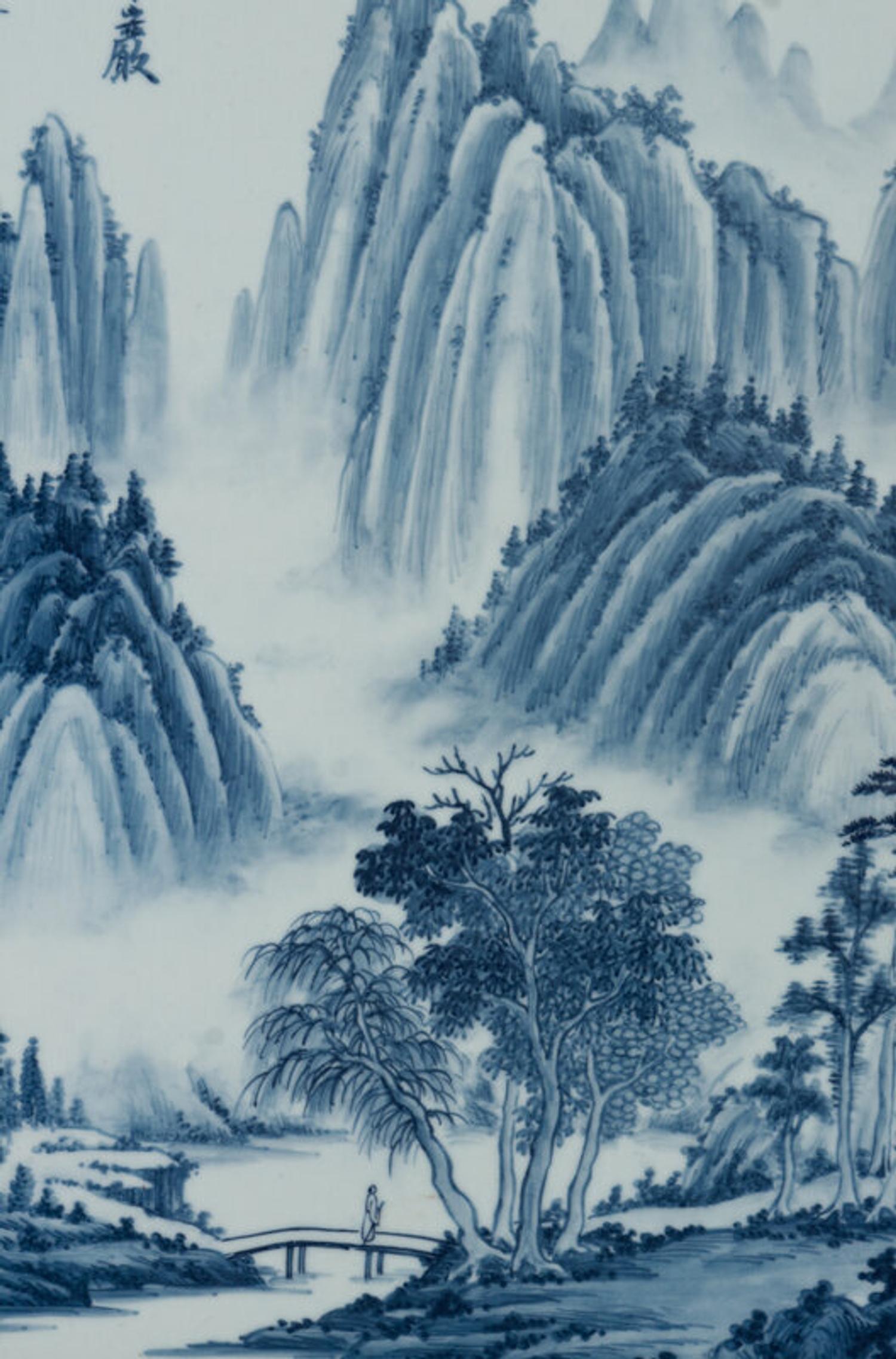 Eight Chinese Blue and White Porcelain Plaque Inset Hanging Panels 青花山水圖掛屏四扇