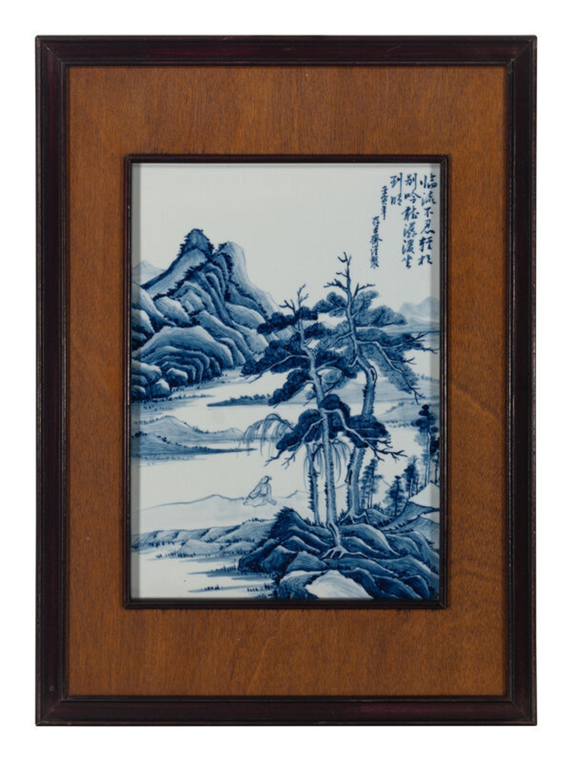 Eight Chinese Blue and White Porcelain Plaque Inset Hanging Panels 青花山水圖掛屏四扇