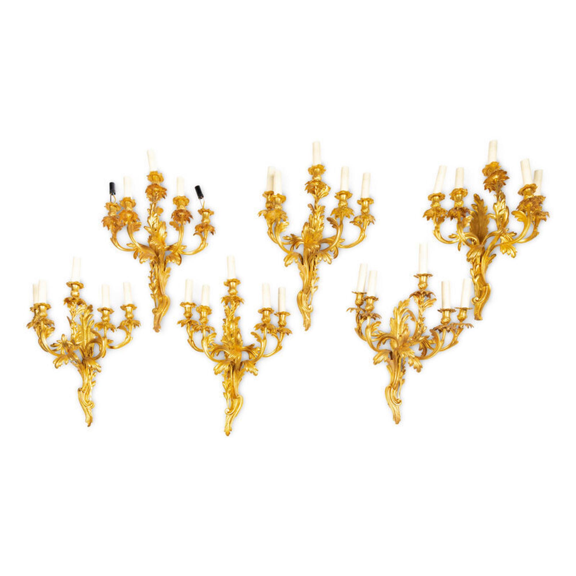 A Set of Six Louis XV Style Gilt Bronze Five-Light Sconces