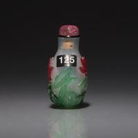 A Small Chinese Multicolor Overlay Glass Snuff Bottle, Circa 1750-1820 1750-1820年 雪霏地套料荷花圖鼻烟壺
