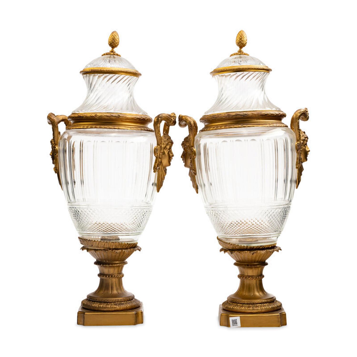 A Pair of Large Baccarat Gilt Bronze and Cut-Glass Urns
