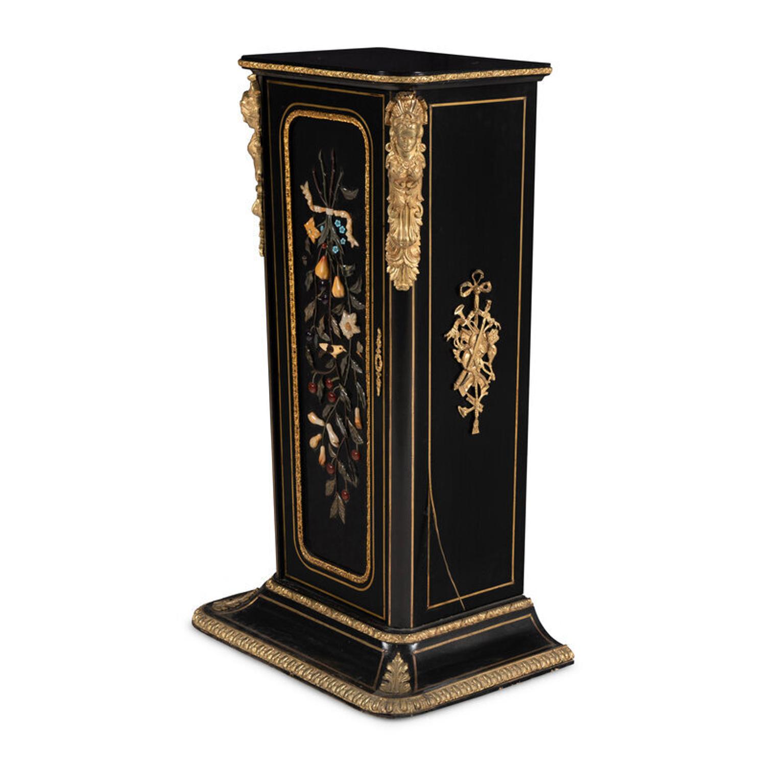 A Napoleon III Style Ebonized, Hardstone-Inset and Gilt Bronze Mounted Pedestal Cabinet