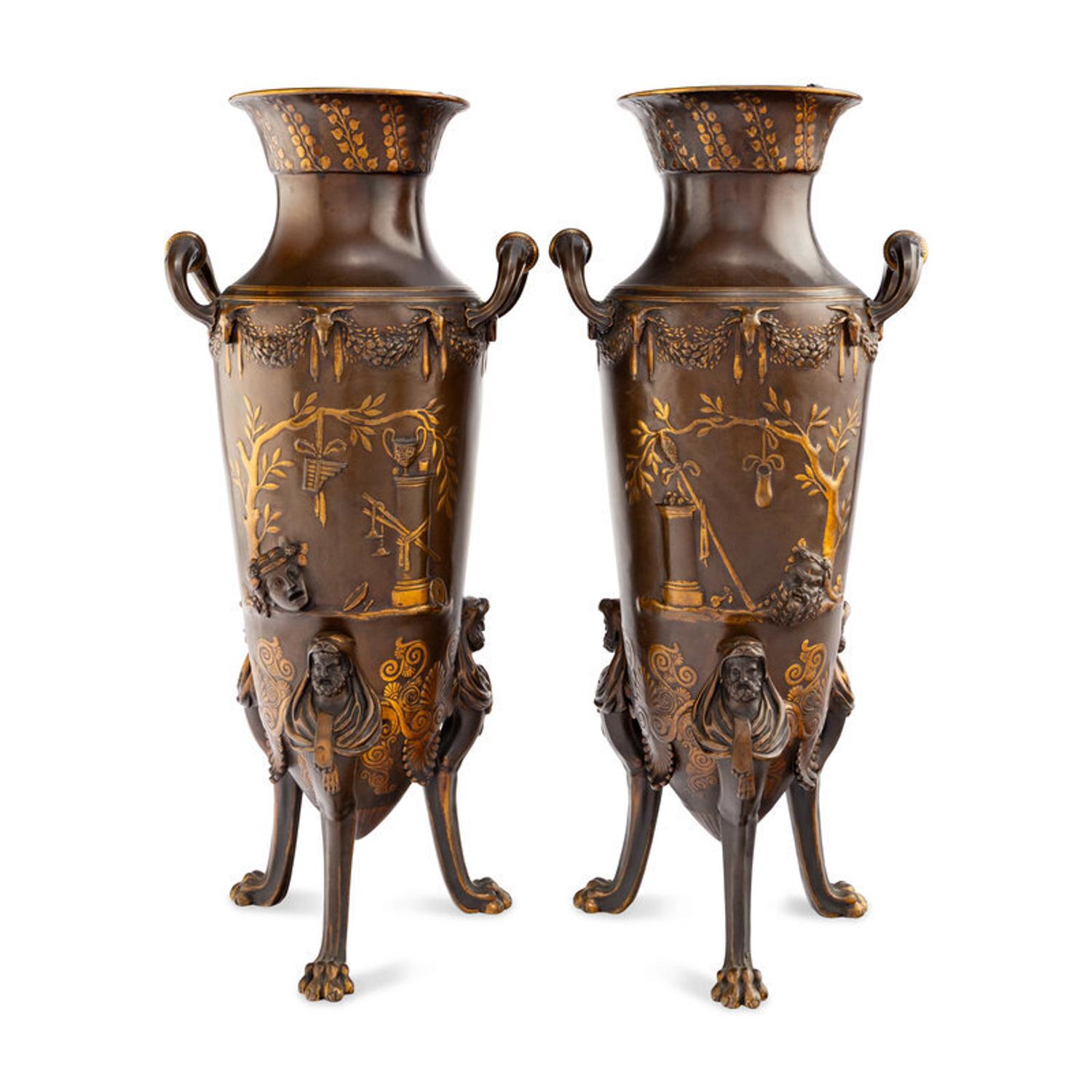 A Pair of Neoclassical Patinated and Parcel Gilt Bronze Vases