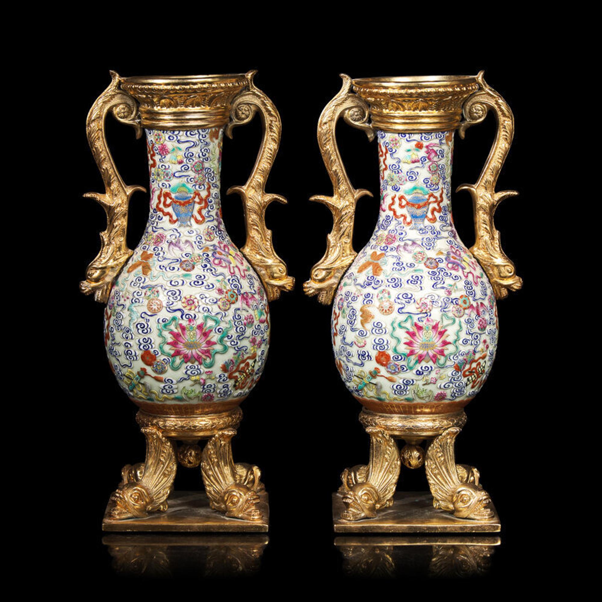 A Pair of Gilt Bronze Mounted Chinese Famille Rose Vases, the Porcelain 19th Century 清中期 粉彩雲蝠八寶紋鑲鎏金配件賞瓶一對