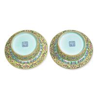 A Pair of Chinese Yellow Ground Famille Rose Porcelain Covered Spittoons 黃地粉彩唾盂一對