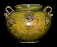 A Chinese Green Glazed Porcelain Jar 綠釉繫帶貼花小罐