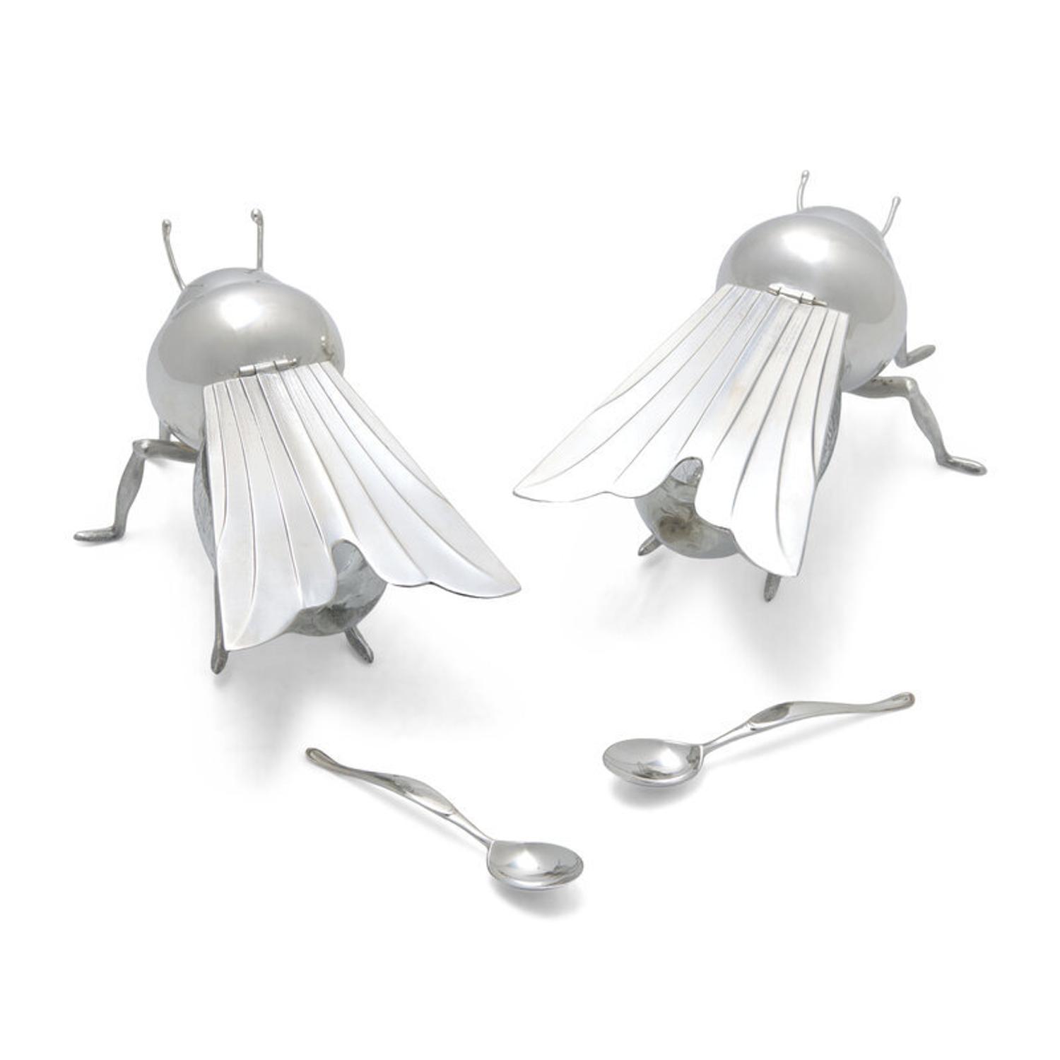 A Pair of Peruvian Silver and Glass Bee-Form Honey Dishes and Spoons