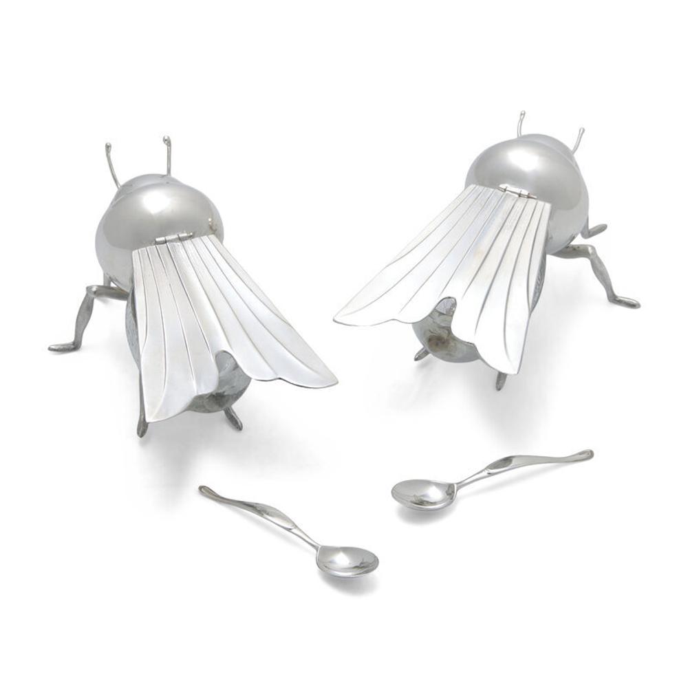 A Pair of Peruvian Silver and Glass Bee-Form Honey Dishes and Spoons