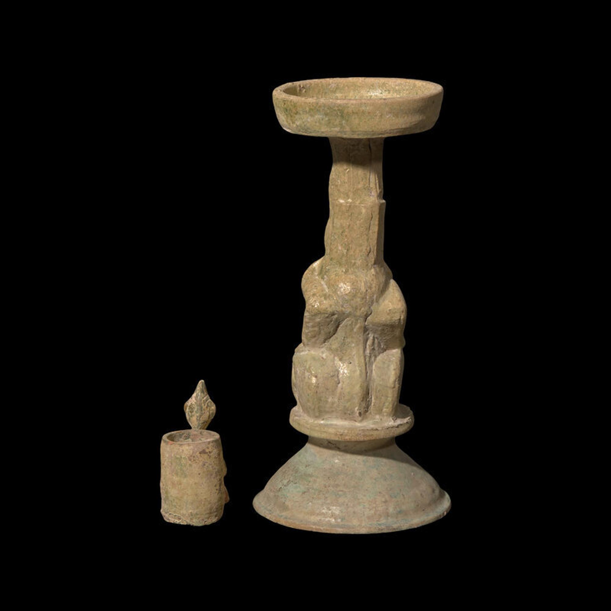 Two Chinese Green Glazed Iridescent Pottery Figural-Form Vessels, Possibly Han Dynasty 或為漢 陶綠釉胡人俑及熊形燈