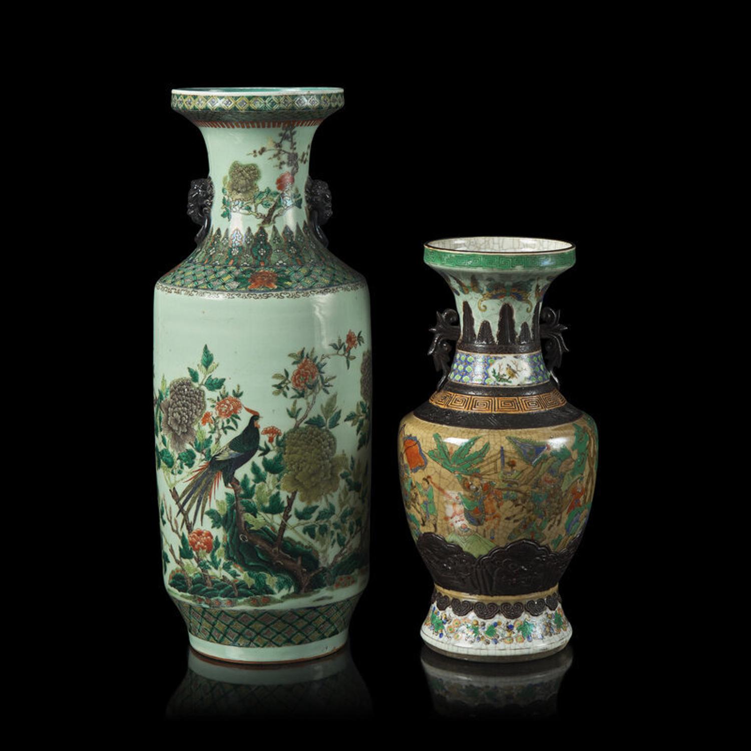 Two Chinese Famille Verte Porcelain Vases 五彩盤口瓶兩件