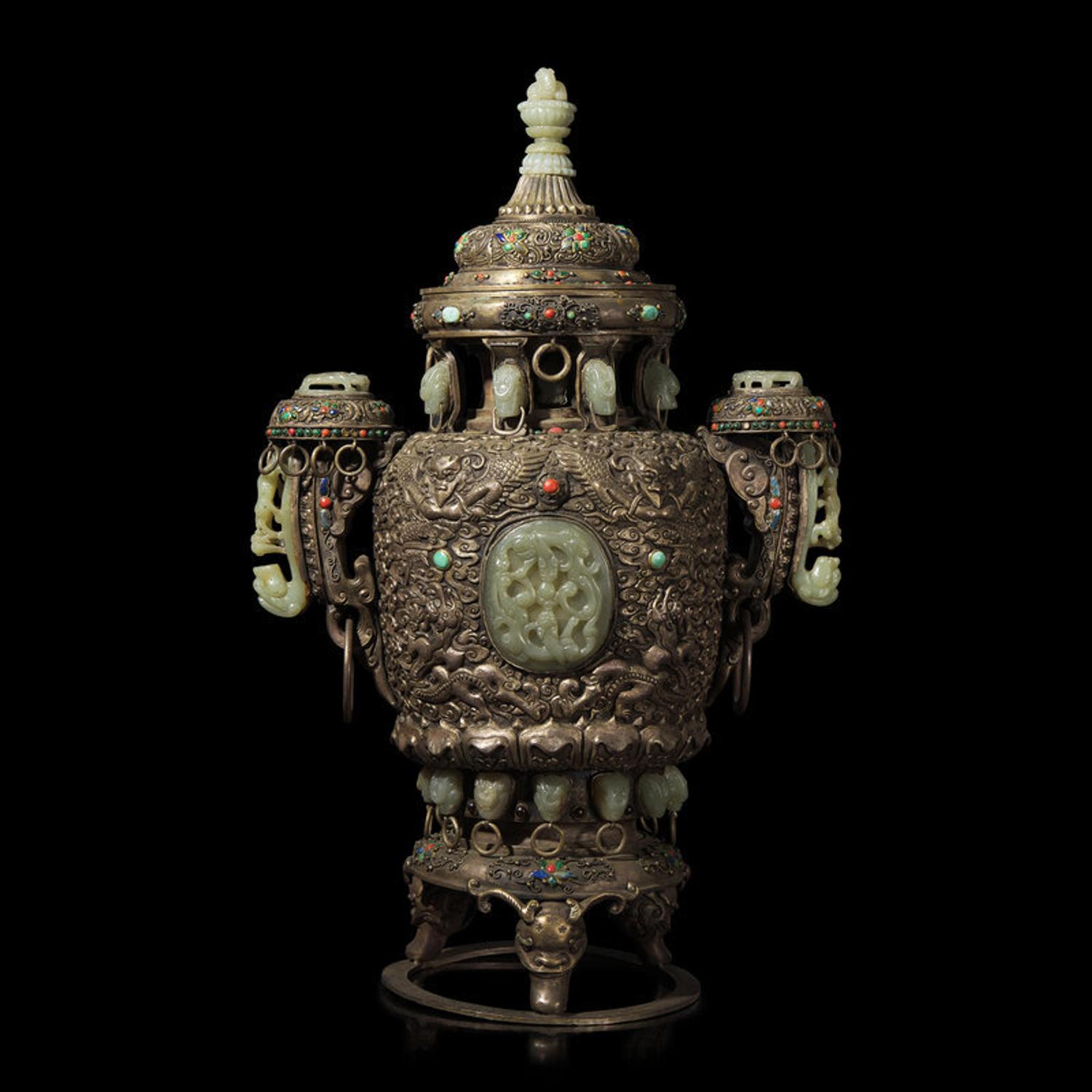 A Mongolian Jade Inset Silver Incense Burner 蒙古式銀 嵌玉 香爐