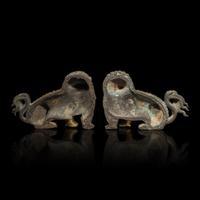 A Pair of Chinese Gilt Bronze Lion Mounts, 17th/18th Century 清中期 鎏金銅獅一對