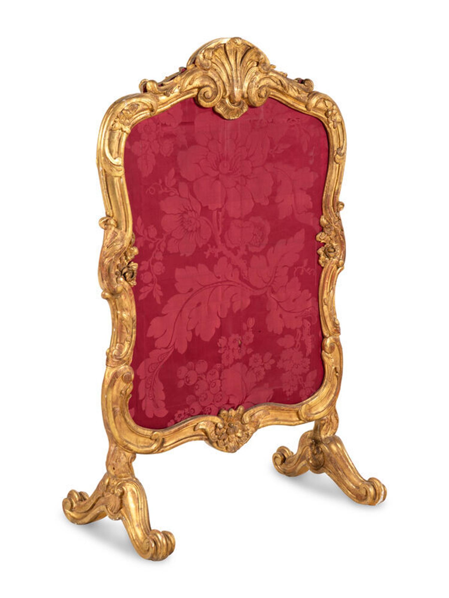 A Louis XV Style Damask and Needlepoint-Upholstered Giltwood Firescreen