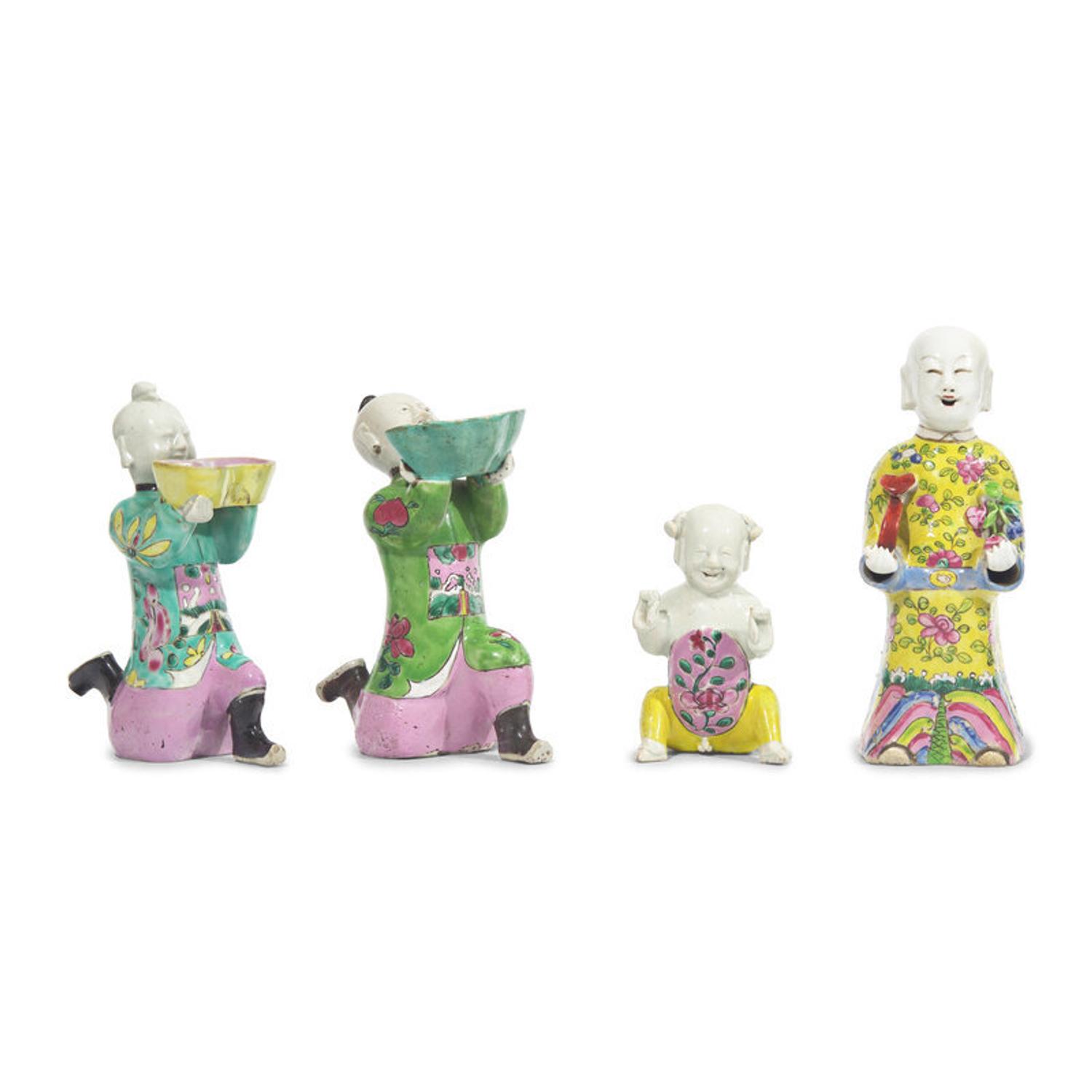 A Group of Four Chinese Export Famille Rose Laughing "Boy" Figures, Late 18th/Early 19th Century 清中期 外銷粉彩童子四件