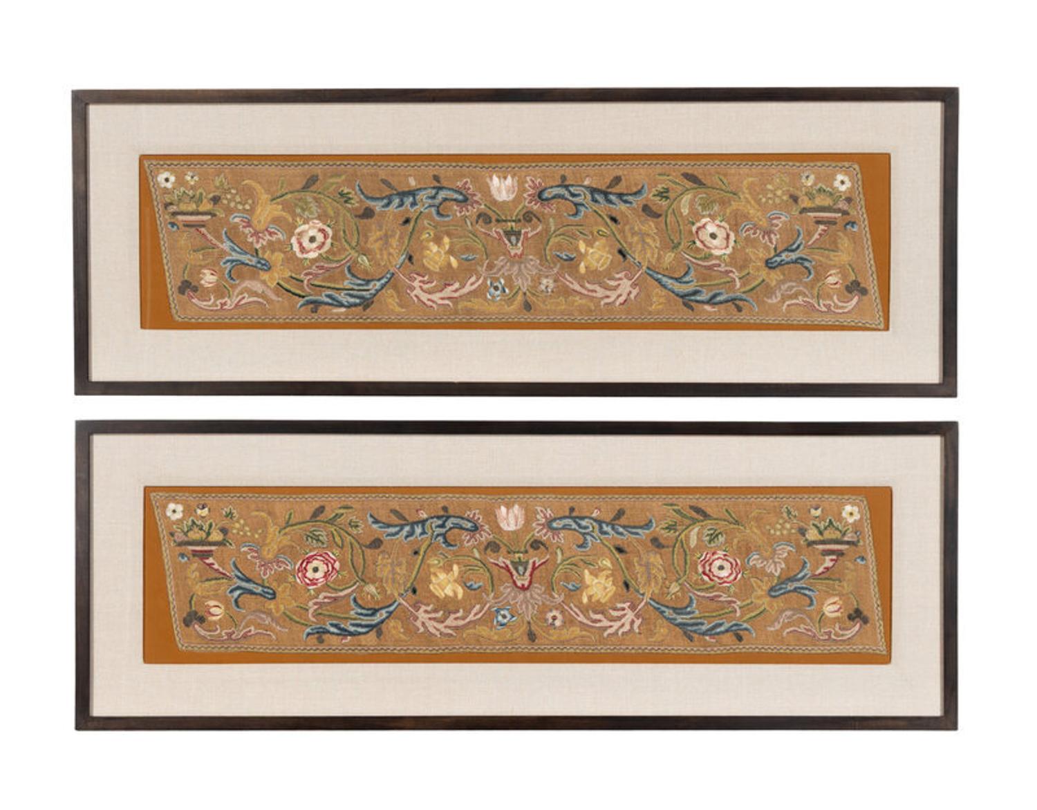 A Pair of Italian Silk Petit Point and Embroidery Panels