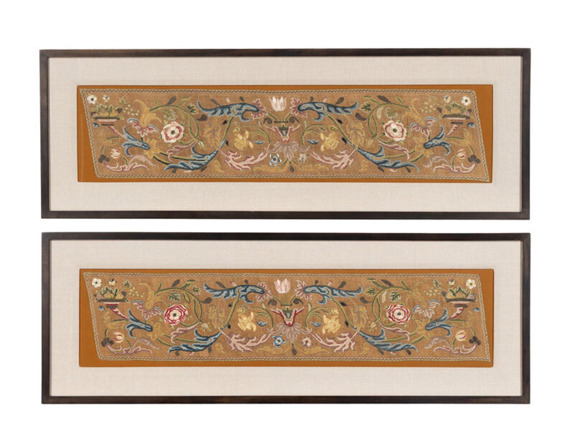 A Pair of Italian Silk Petit Point and Embroidery Panels