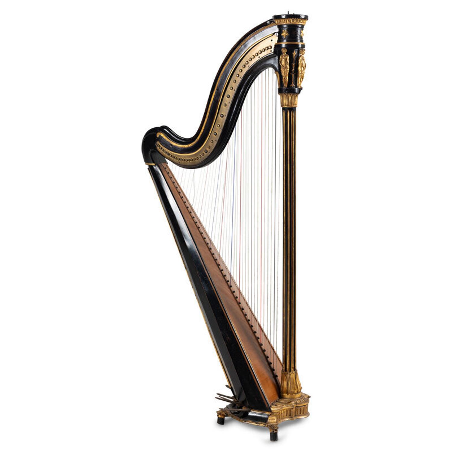 A Napoleon III Black Lacquer and Parcel Gilt Harp