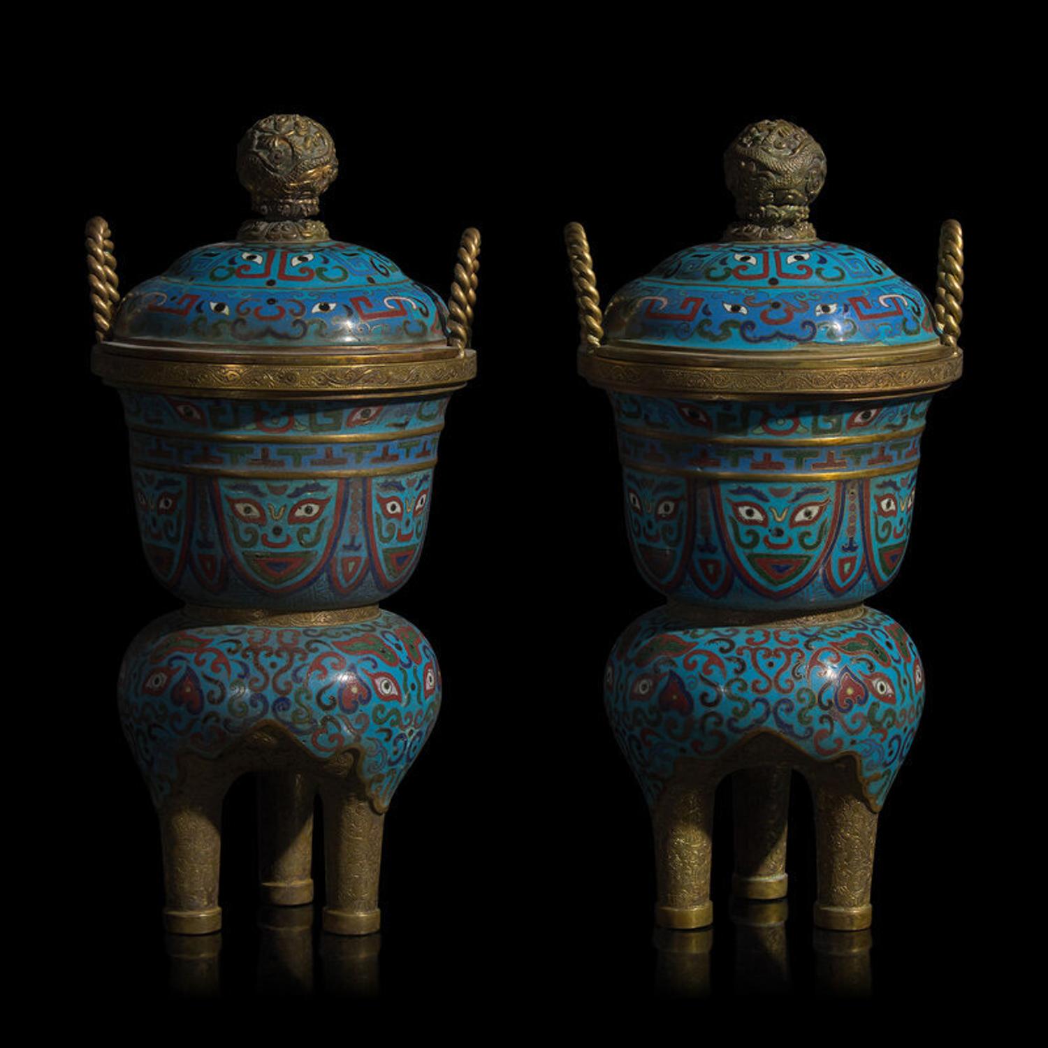 A Pair of Chinese Cloisonné Covered Tripod Vessels, 20th Century 近代 掐絲琺瑯仿古三足爐一對