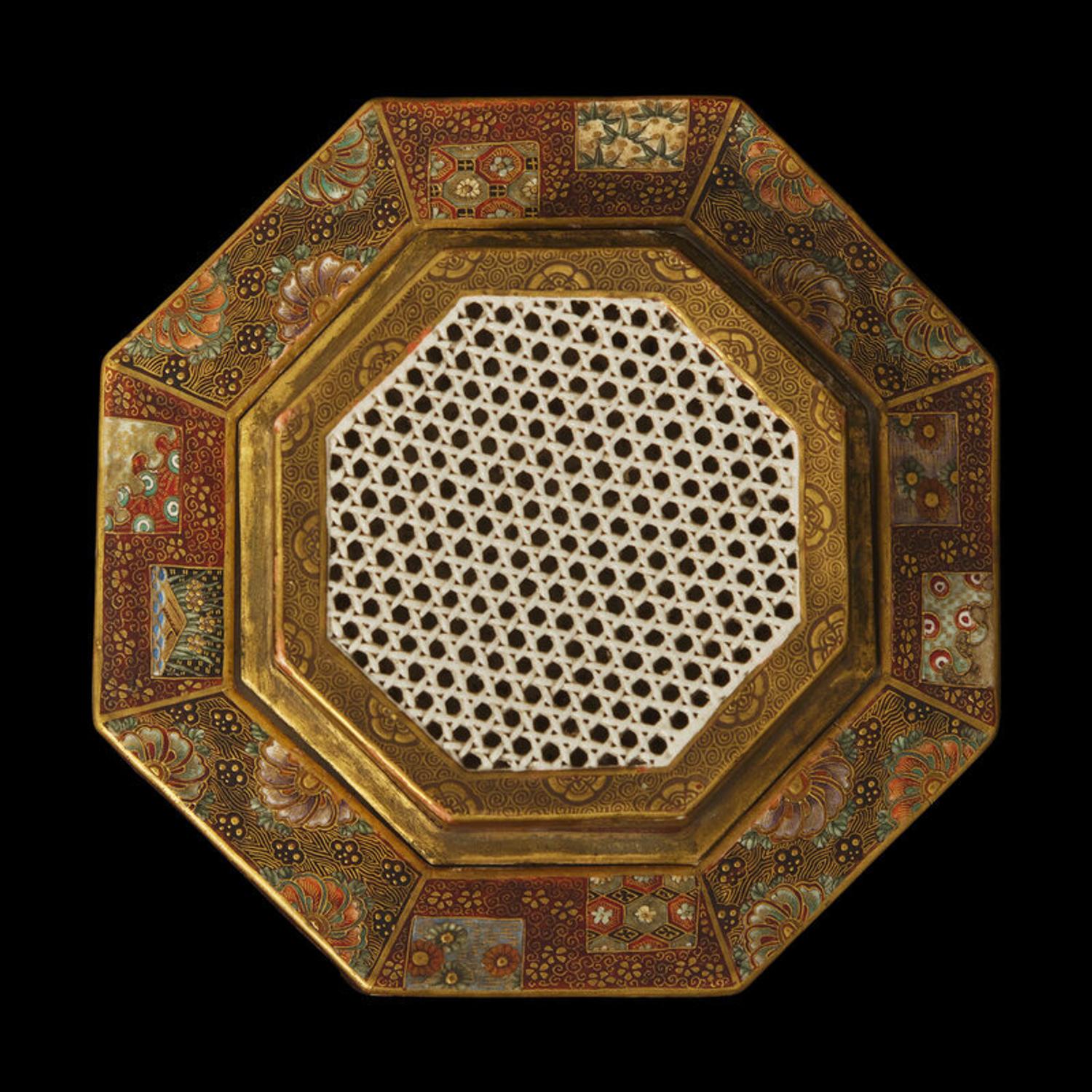 A Japanese Satsuma Reticulated Koro and Cover, Okamoto Ryozan for the Yasuda Company, Meiji Period 日本明治時期 薩摩燒八方香爐