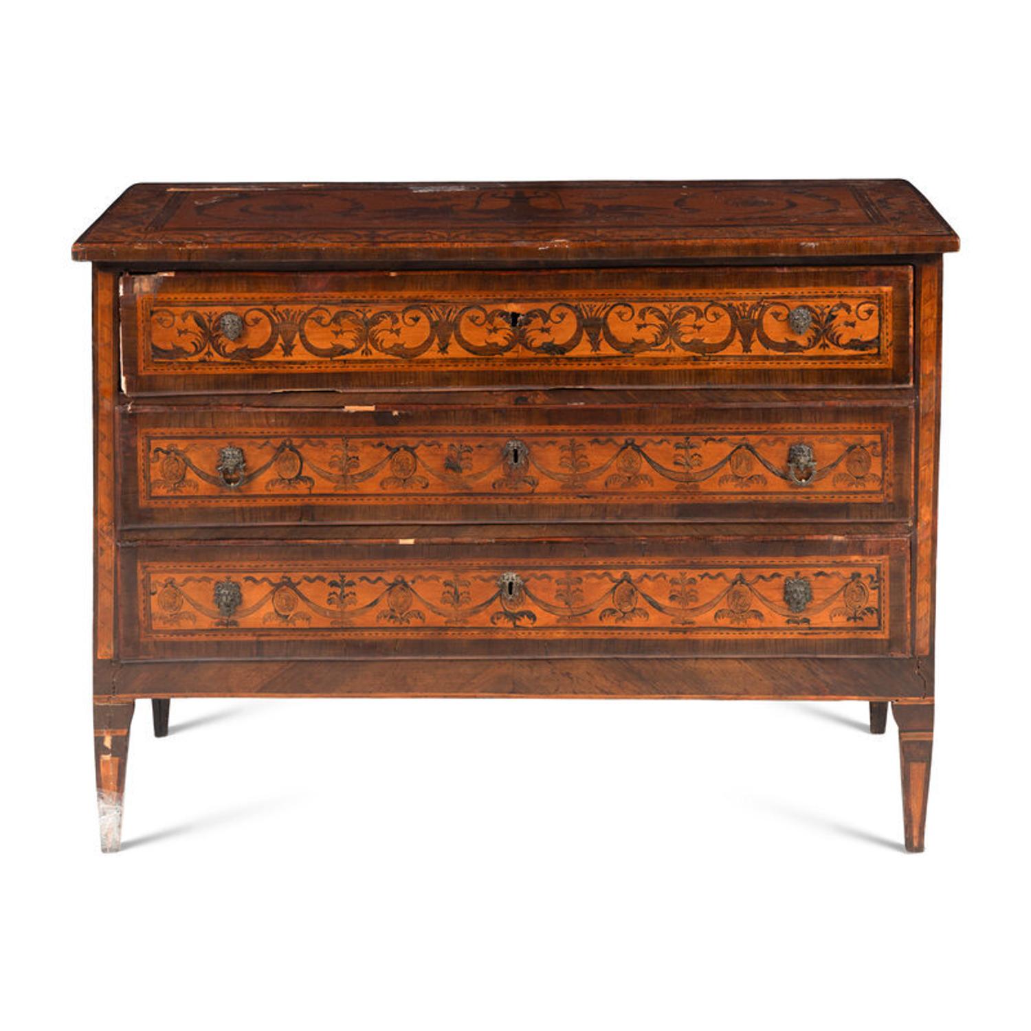 An Italian Neoclassical Mahogany and Fruitwood Marquetry Commode