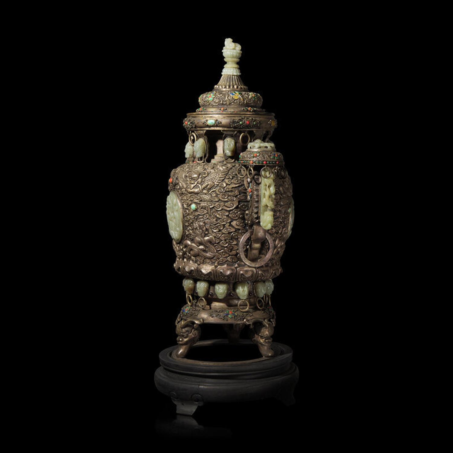 A Mongolian Jade Inset Silver Incense Burner 蒙古式銀 嵌玉 香爐