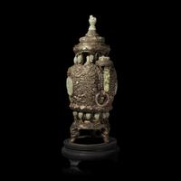A Mongolian Jade Inset Silver Incense Burner 蒙古式銀 嵌玉 香爐