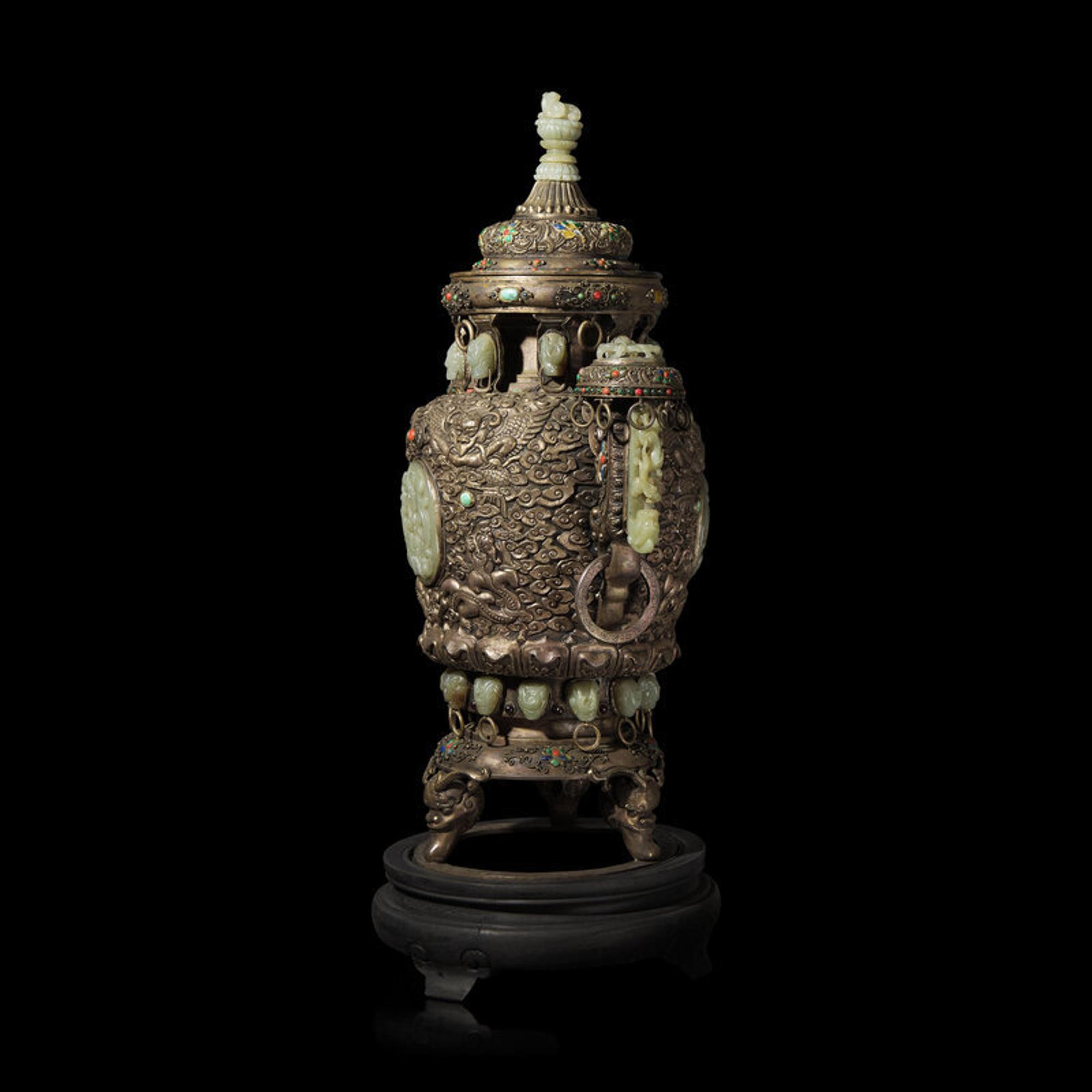 A Mongolian Jade Inset Silver Incense Burner 蒙古式銀 嵌玉 香爐