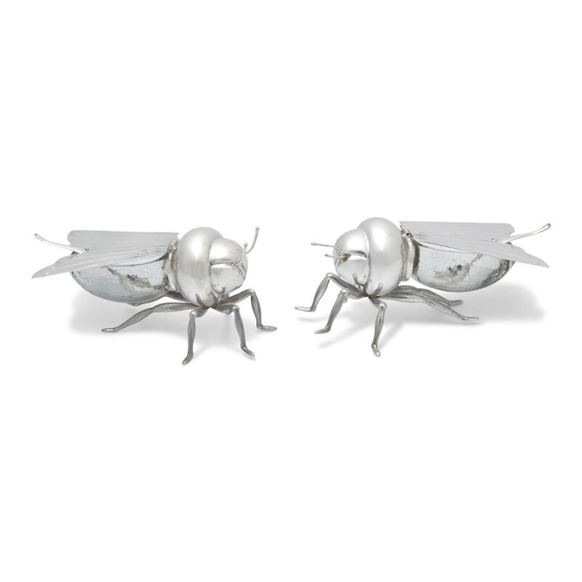 A Pair of Peruvian Silver and Glass Bee-Form Honey Dishes and Spoons