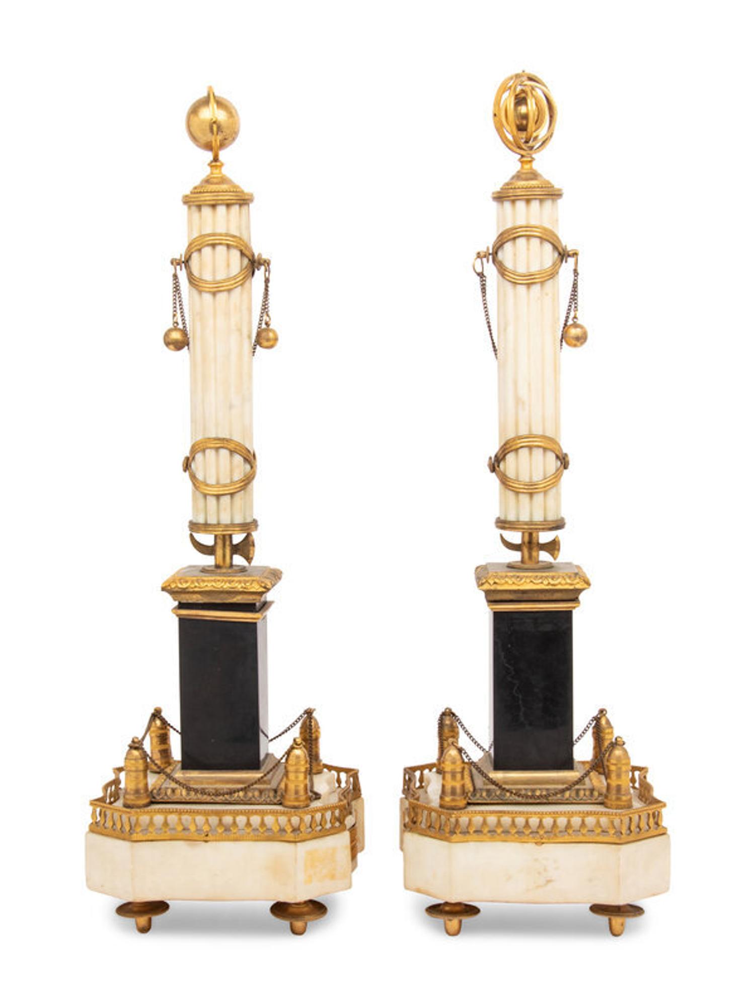 A Pair of Louis XVI Gilt Bronze Mounted Slate and White Marble Obelisks