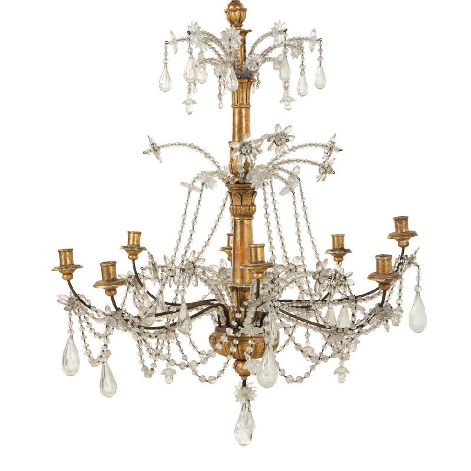 A Pair of Italian Giltwood and Cut-Glass Six-Light Chandeliers