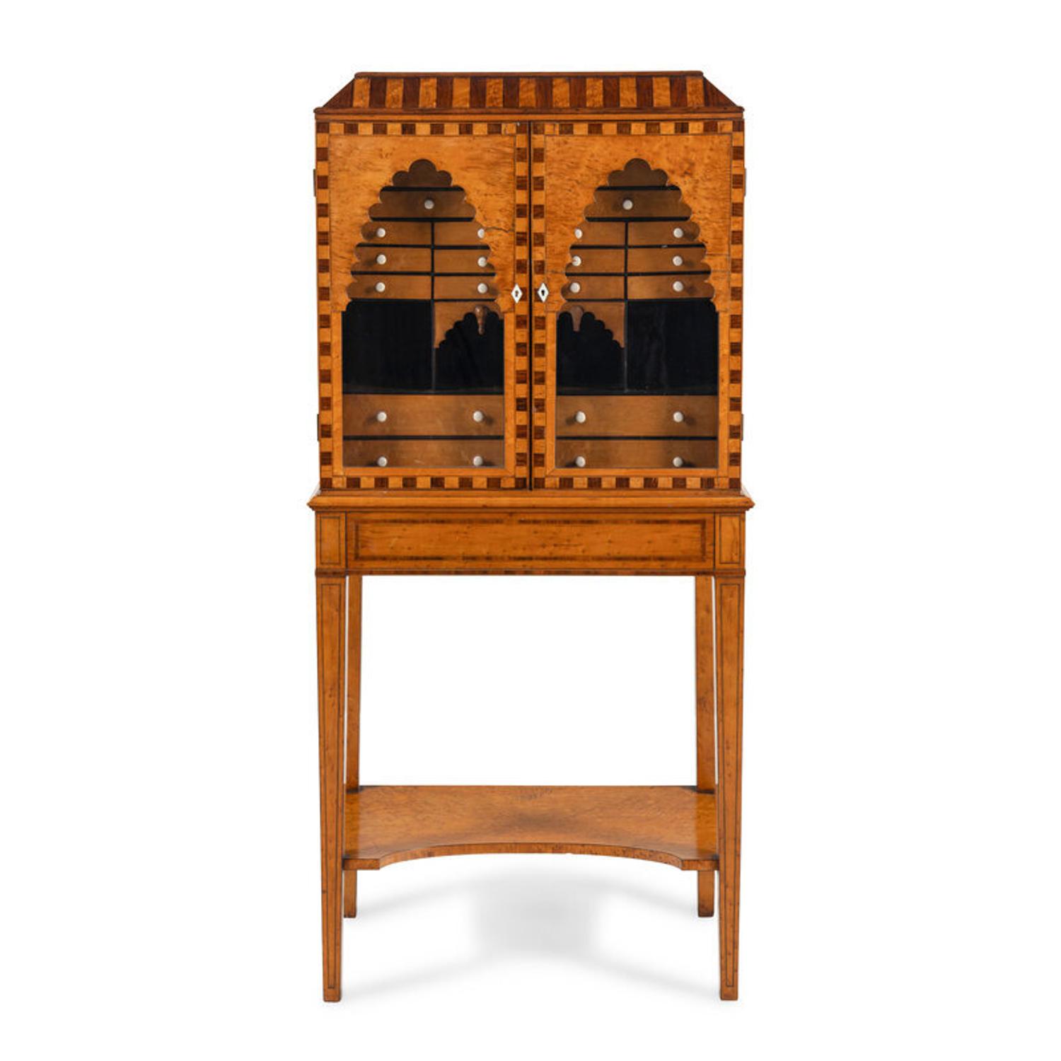 A German or Dutch Bird's Eye Maple and Rosewood Collector's Cabinet on Stand