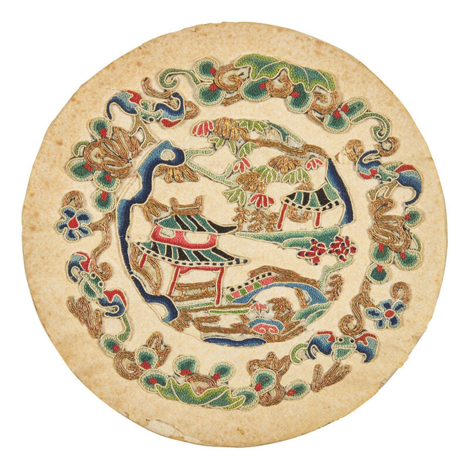 Three Chinese 'Forbidden Stitch' Embroidered Silk Panel, 19th Century 清晚期 繡片一組三件