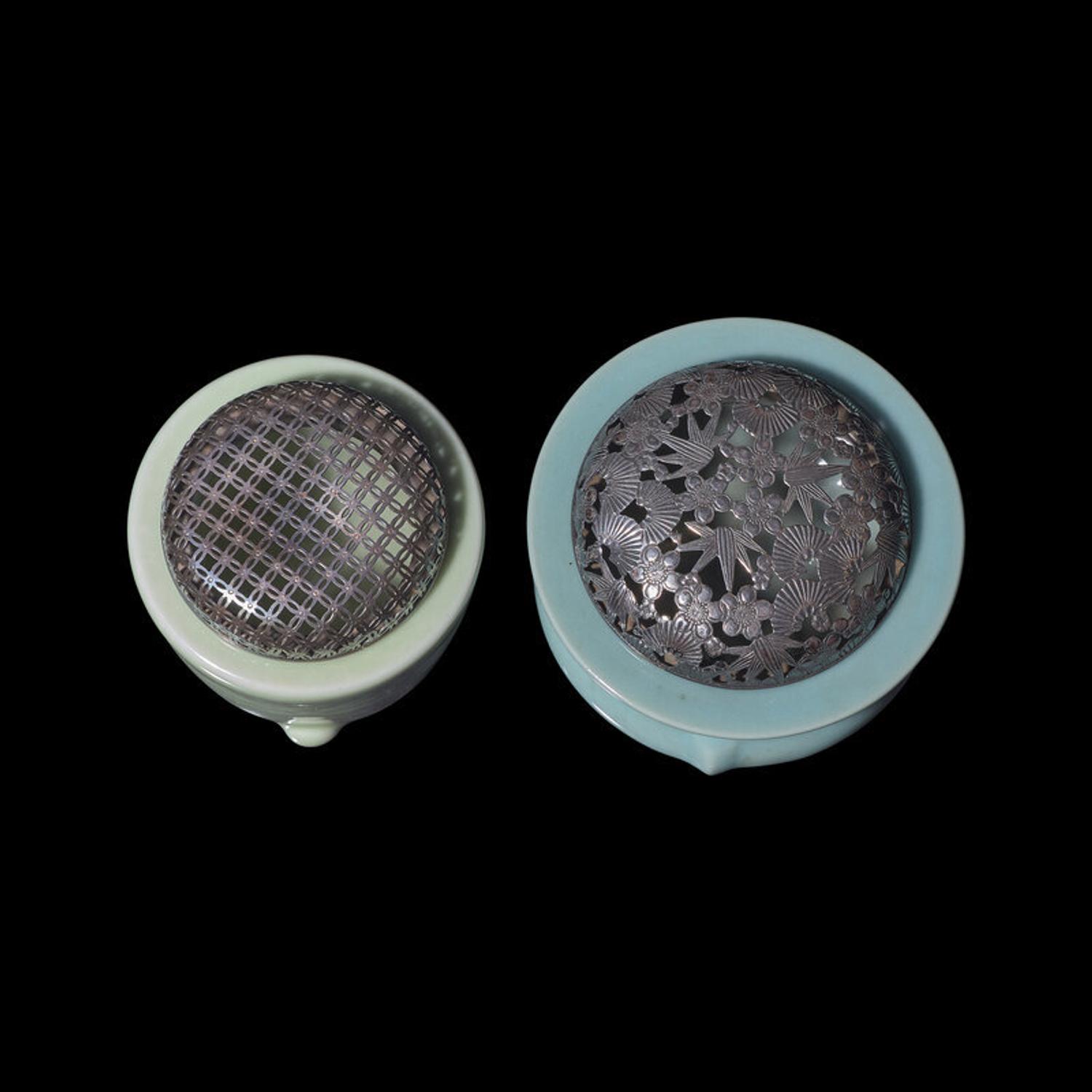 Two Japanese Celadon Glazed Porcelain Incense Burners